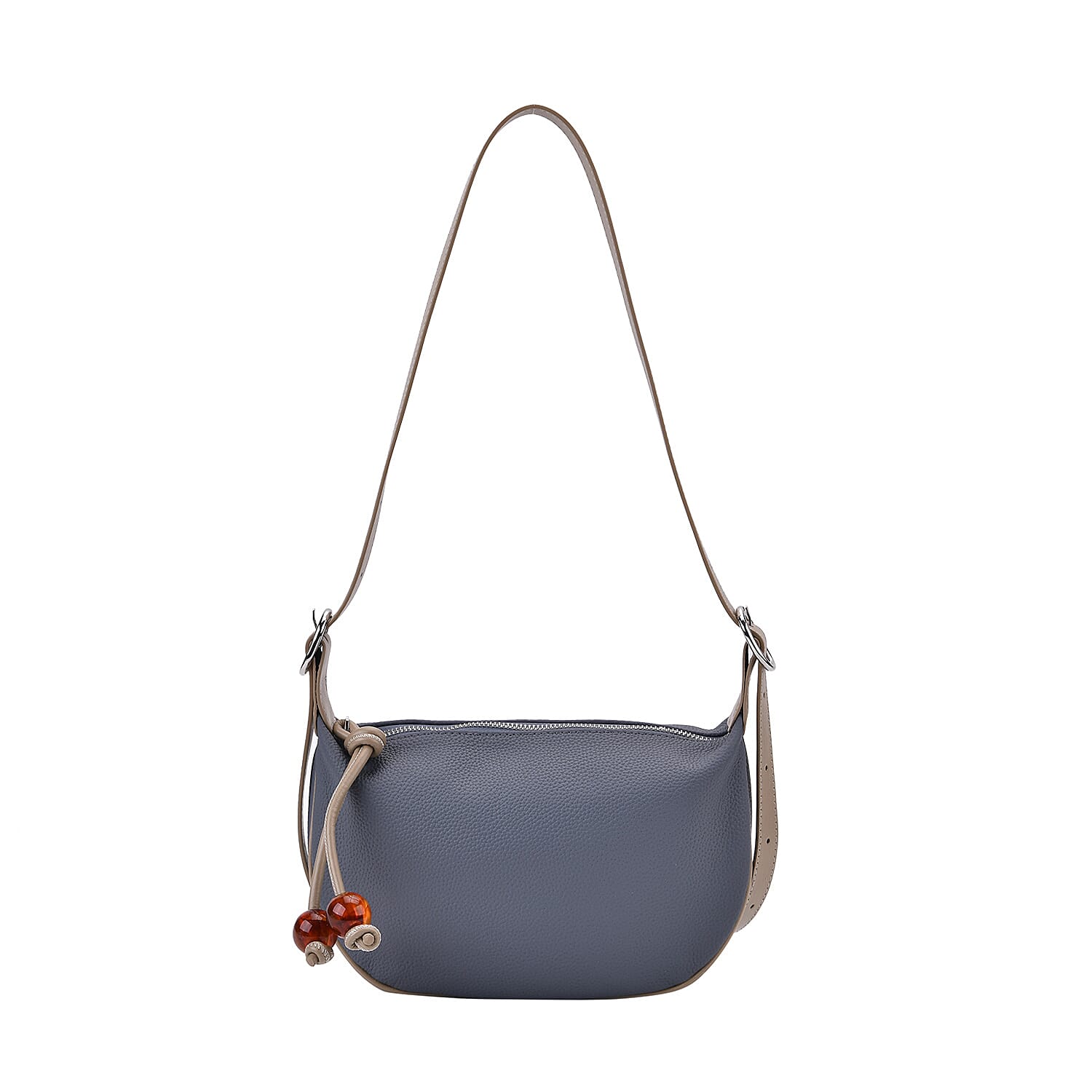 Elegant Genuine Leather Curved Shoulder Bag with Adjustable Strap - Blue