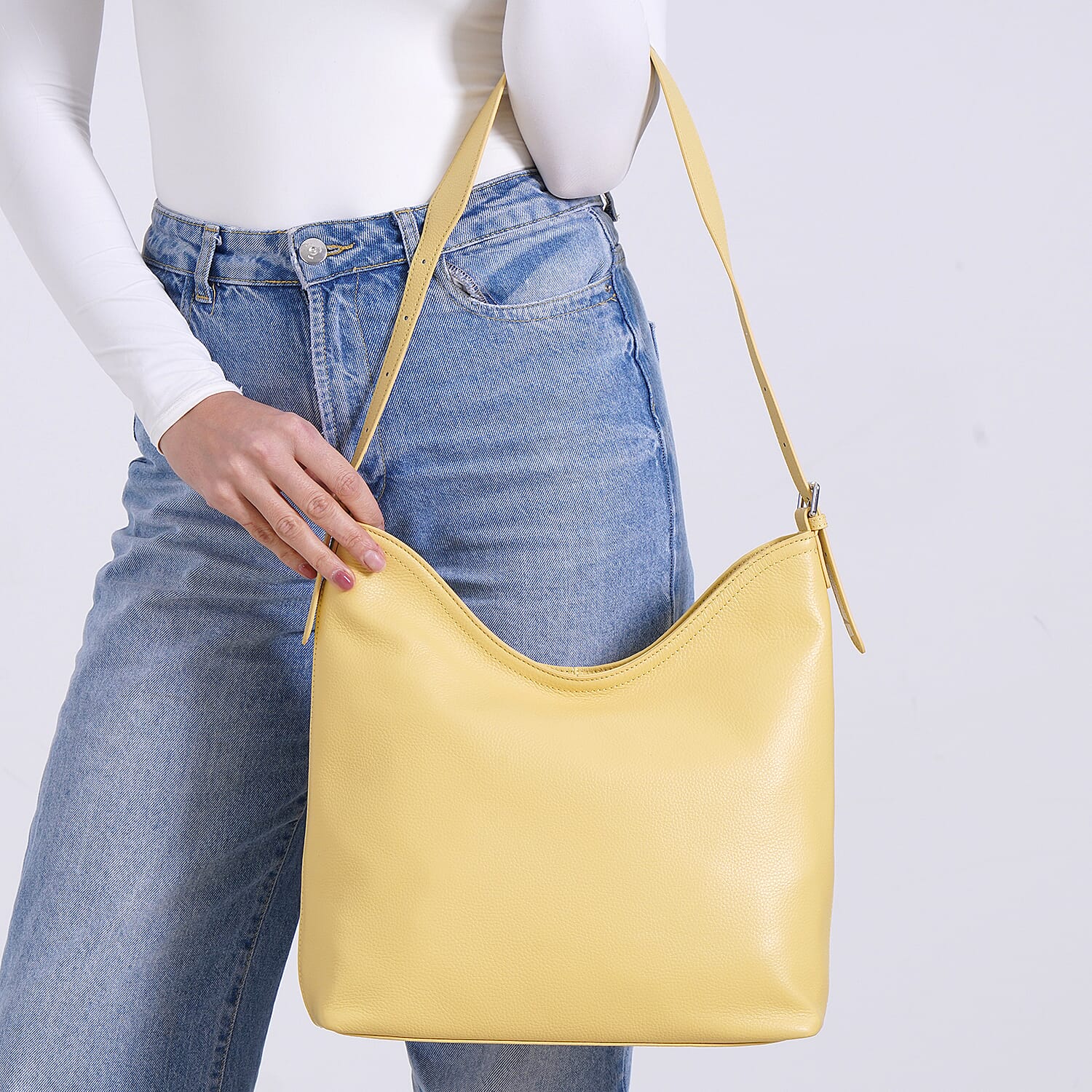 SUPERFIND - Hongkong Closeout Deal - 100% Genuine Leather Litchi Embossed Crossbody Bag - Buttermilk