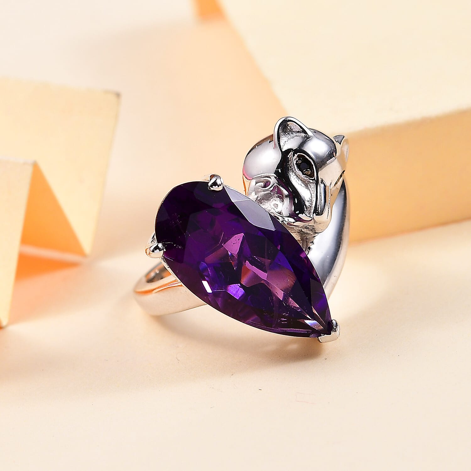GP Italian Garden Collection - African Amethyst, Blue Sapphire & Black Spinel Ring in Rhodium Overlay Sterling Silver 11.26 Ct.