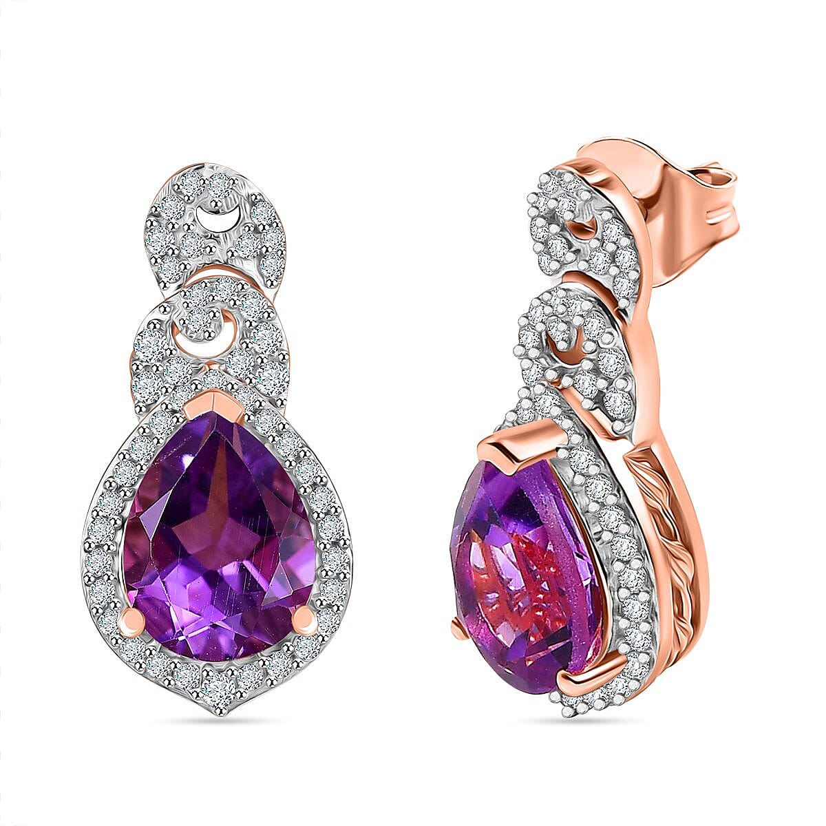 AAA Rose De France Amethyst & White Zircon Solitaire Stud Push Post Earring in 18K Vermeil Rose Gold Plated Sterling Silver 3.99 Ct.