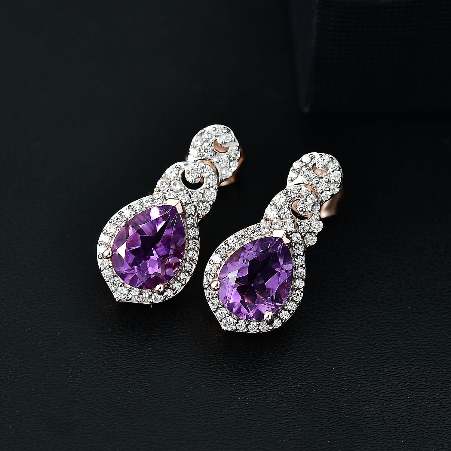 AAA Rose De France Amethyst & White Zircon Solitaire Stud Push Post Earring in 18K Vermeil Rose Gold Plated Sterling Silver 3.99 Ct.