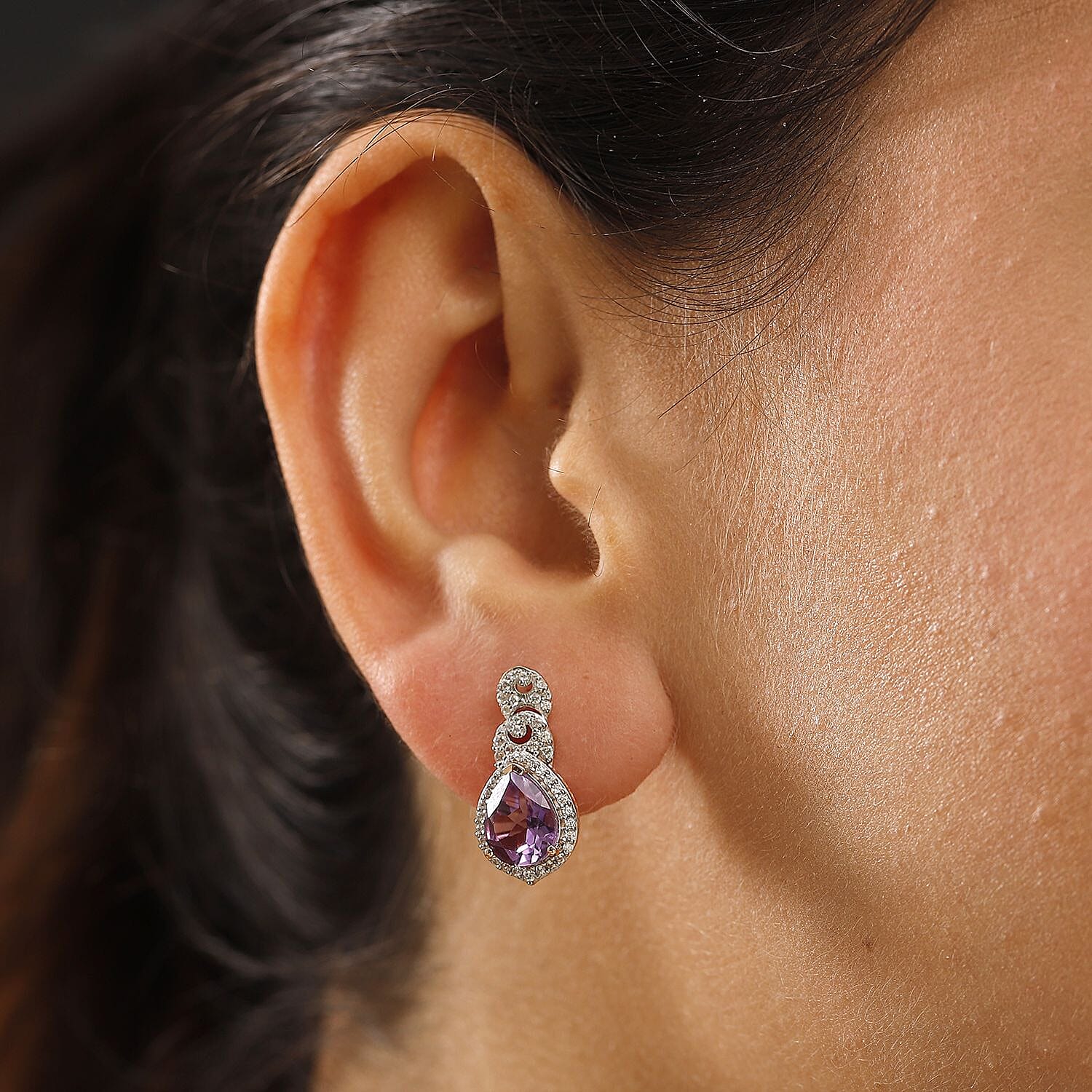 AAA Rose De France Amethyst & White Zircon Solitaire Stud Push Post Earring in 18K Vermeil Rose Gold Plated Sterling Silver 3.99 Ct.
