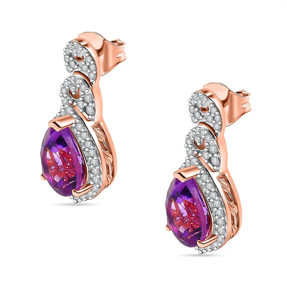 AAA Rose De France Amethyst & White Zircon Solitaire Stud Push Post Earring in 18K Vermeil Rose Gold Plated Sterling Silver 3.99 Ct.