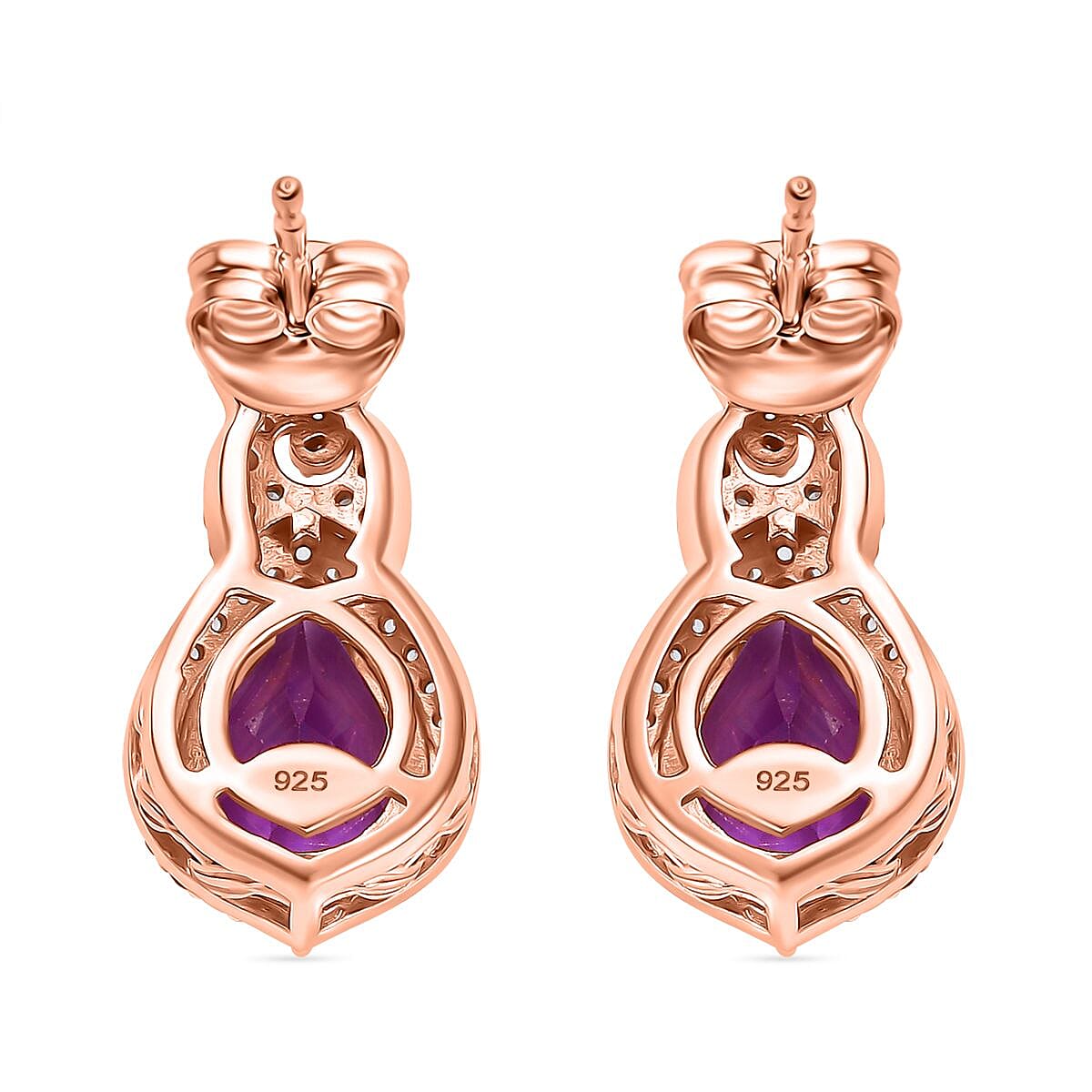 AAA Rose De France Amethyst & White Zircon Solitaire Stud Push Post Earring in 18K Vermeil Rose Gold Plated Sterling Silver 3.99 Ct.