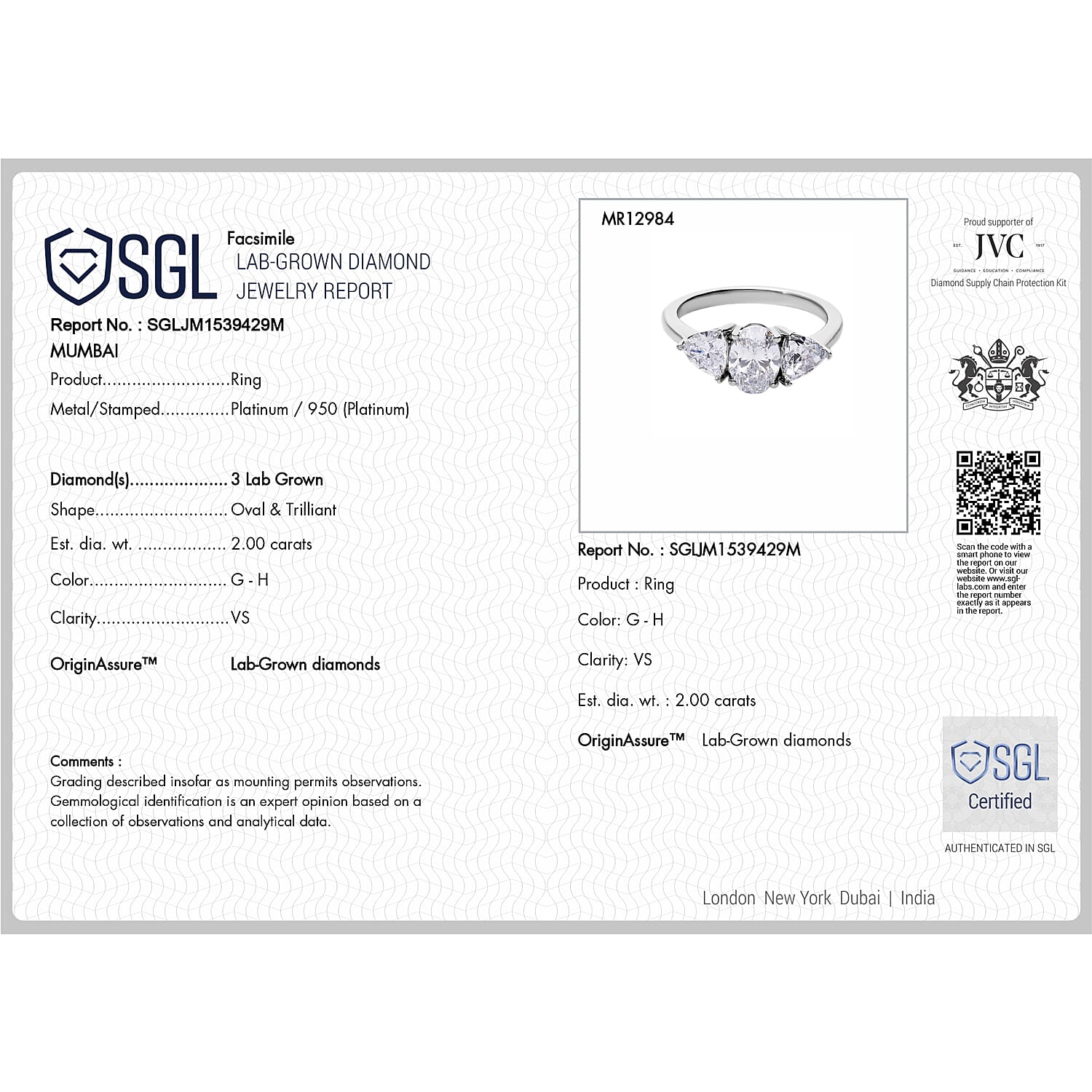 First Time Ever - Luxuriant 950 Platinum SGL Certified (VS-GH) Lab Grown Diamond Ring 2.00 Ct.