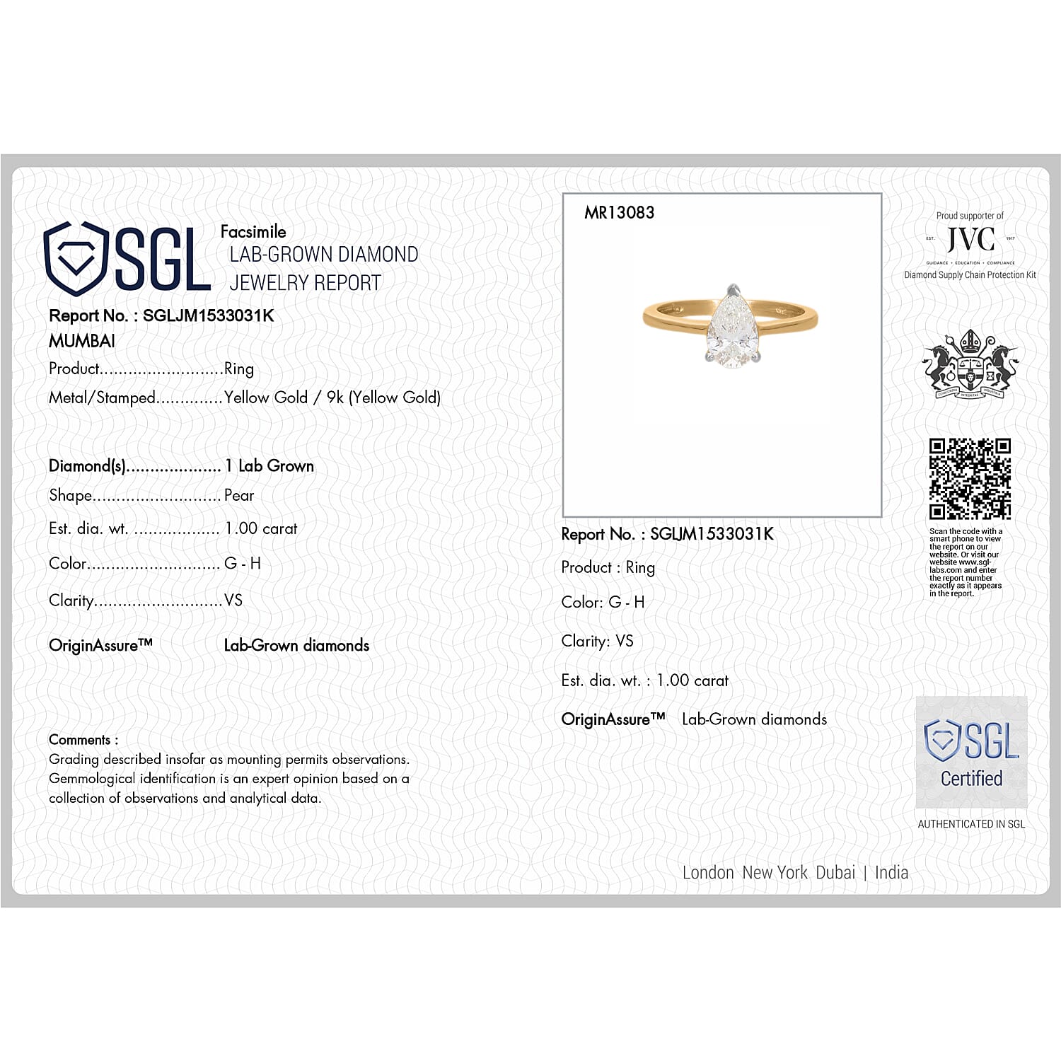 Luxuriant 9K Yellow Gold SGL Certified (VS-GH) Lab Grown Diamond Ring 1.00 Ct.