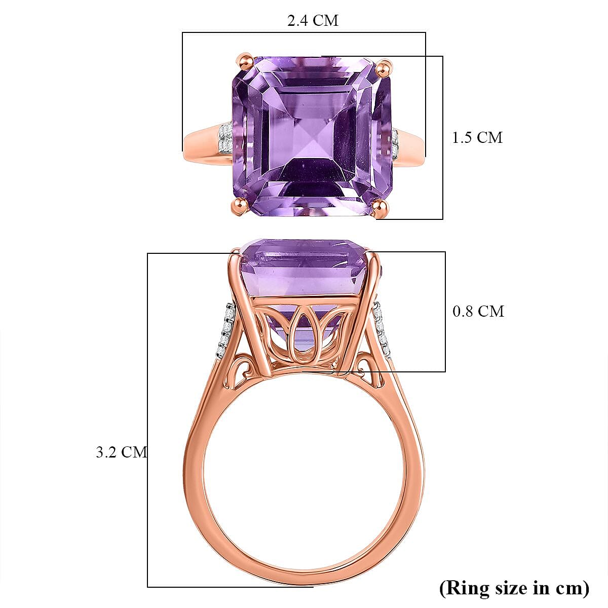 AAA Rose De France Amethyst & White Zircon Solitaire Ring in 18K Vermeil Rose Gold Plated Sterling Silver 12.82 Ct. AAA Rose De France Amethyst & White Zircon Solitaire Ring in 18K Vermeil Rose Gold Plated Sterling Silver 12.82 Ct.