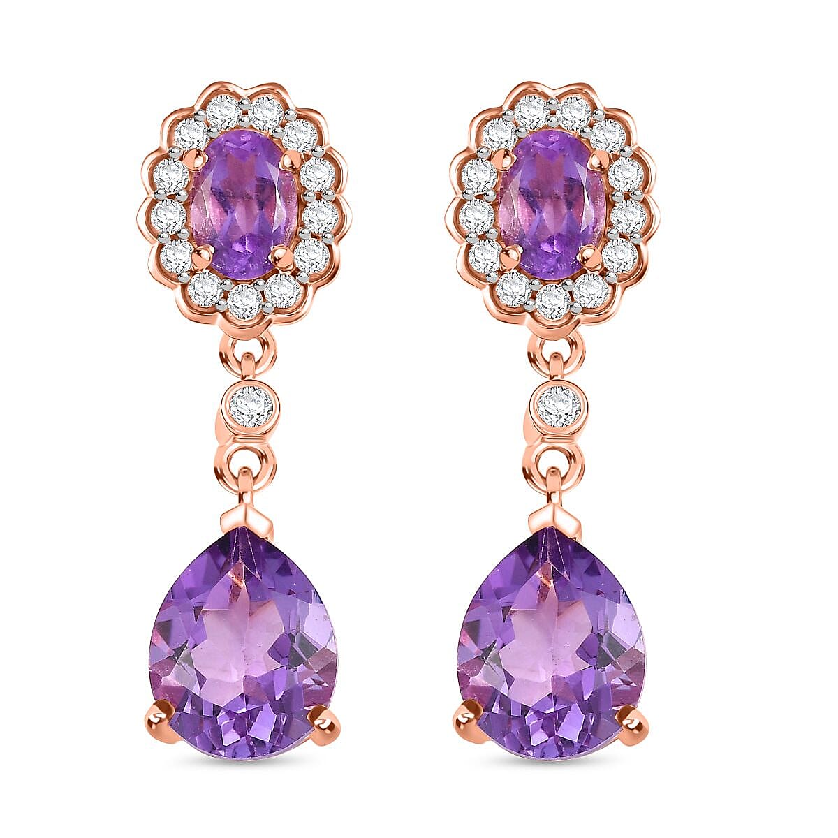 AAA Rose De France Amethyst & White Zircon Dangling Earring with Push Back in 18K Vermeil Rose Gold Plated Sterling Silver 8.47 Ct.