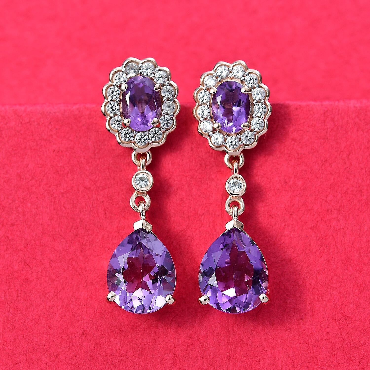 AAA Rose De France Amethyst & White Zircon Dangling Earring with Push Back in 18K Vermeil Rose Gold Plated Sterling Silver 8.47 Ct.