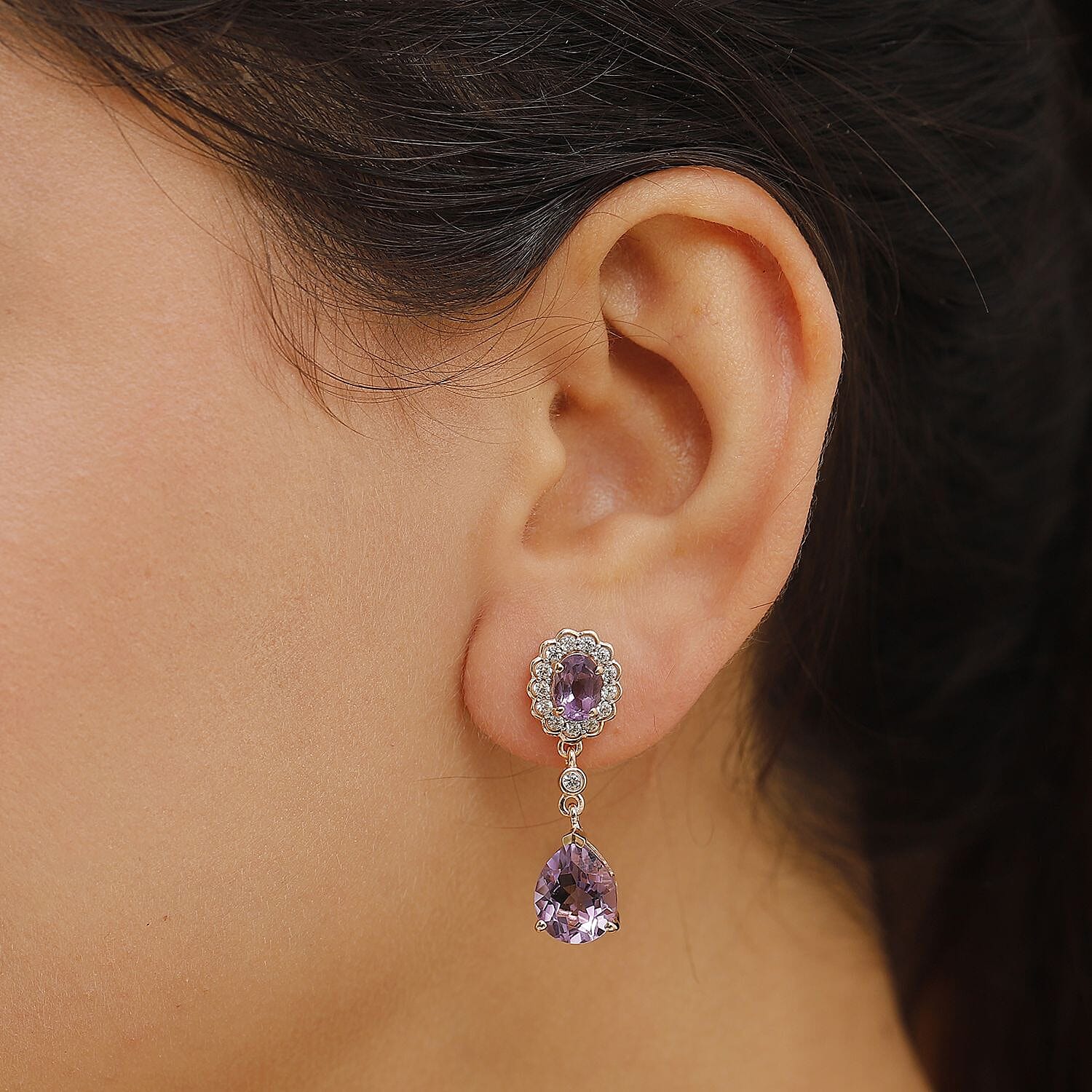 AAA Rose De France Amethyst & White Zircon Dangling Earring with Push Back in 18K Vermeil Rose Gold Plated Sterling Silver 8.47 Ct.