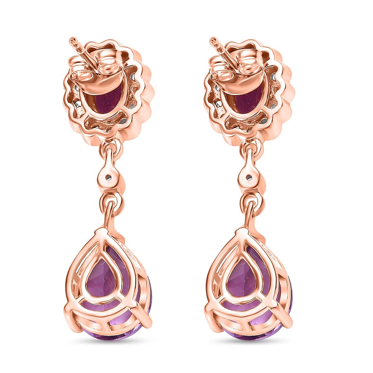 AAA Rose De France Amethyst & White Zircon Dangling Earring with Push Back in 18K Vermeil Rose Gold Plated Sterling Silver 8.47 Ct.