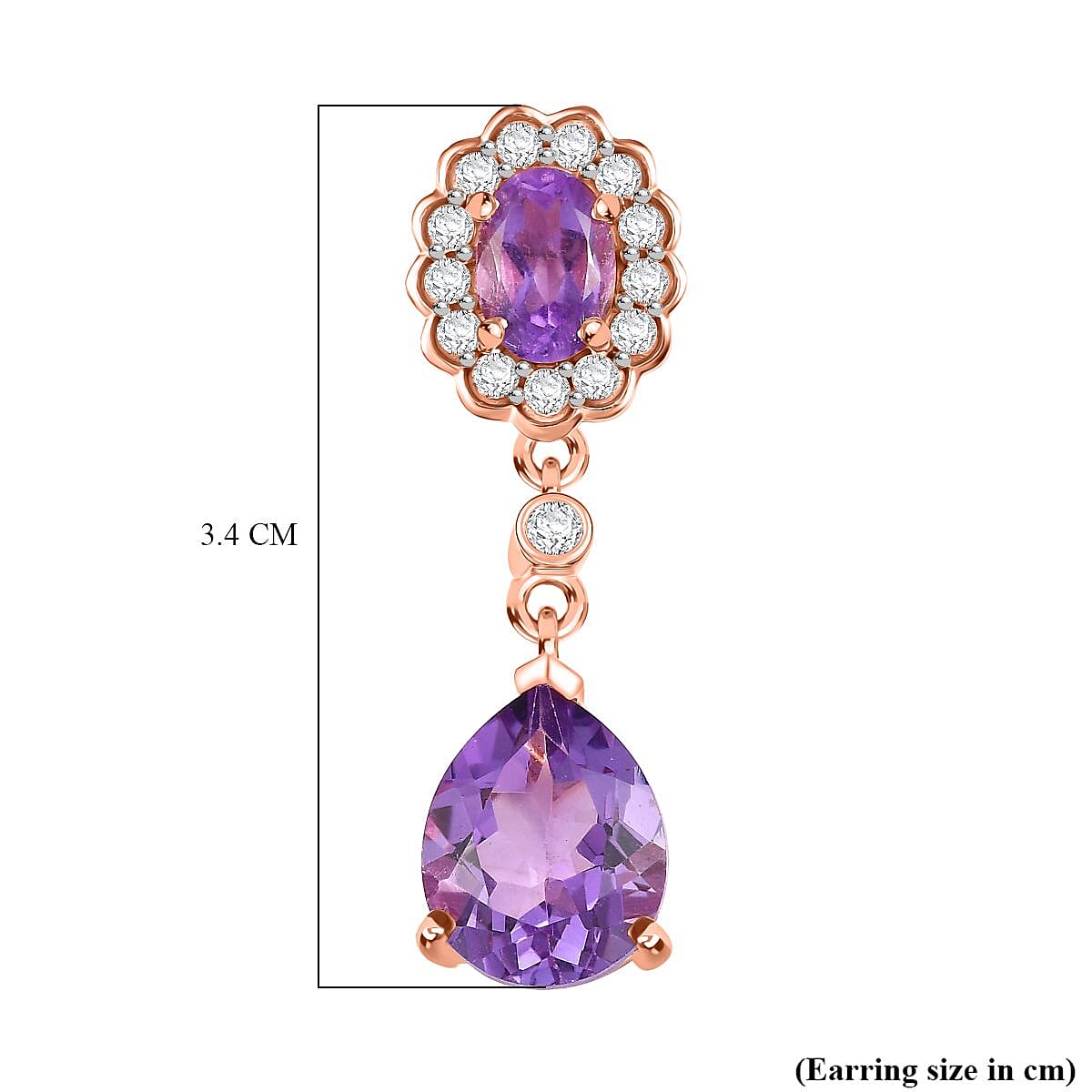 AAA Rose De France Amethyst & White Zircon Dangling Earring with Push Back in 18K Vermeil Rose Gold Plated Sterling Silver 8.47 Ct.