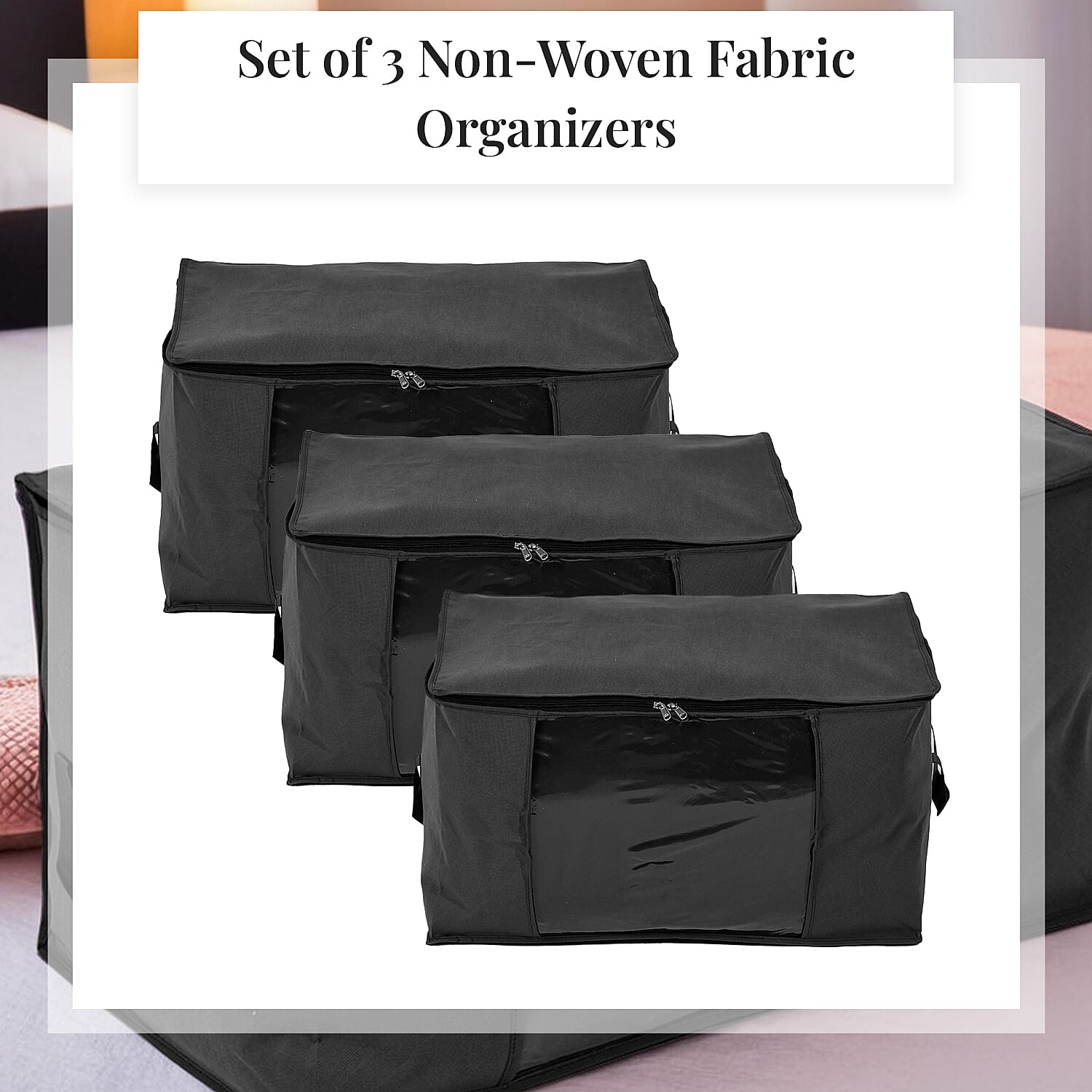 Set of 3 Collapsible Storage Bags with Transparent Window - Black