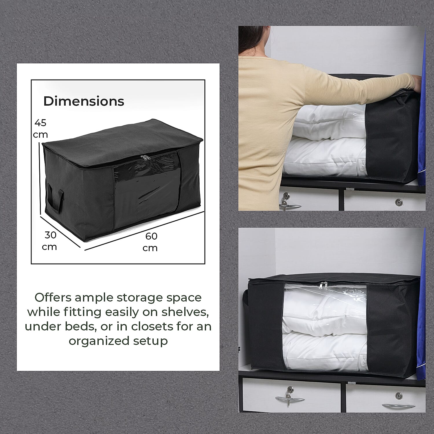 Set of 3 Collapsible Storage Bags with Transparent Window - Black