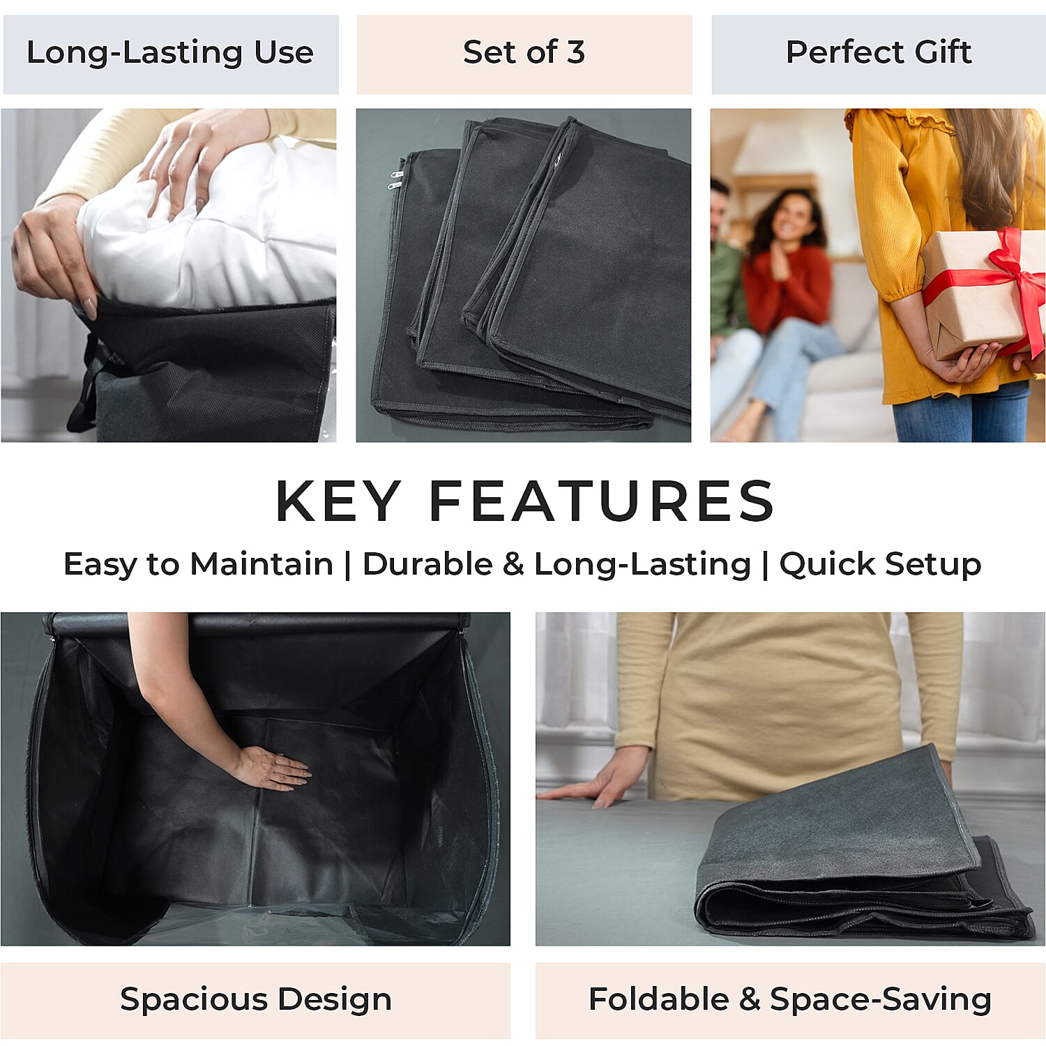 Set of 3 Collapsible Storage Bags with Transparent Window - Black