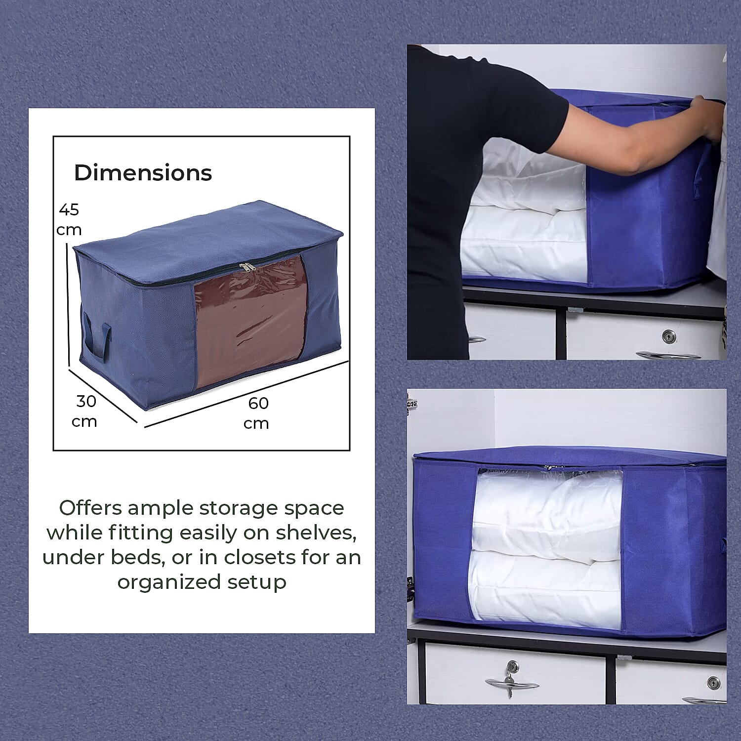 Set of 3 - Patterned Collapsible Storage Bags with Transaparent Window (Size 60x30x45 cm) - Blue Set of 3 - Patterned Collapsible Storage Bags with Transaparent Window (Size 60x30x45 cm) - Blue