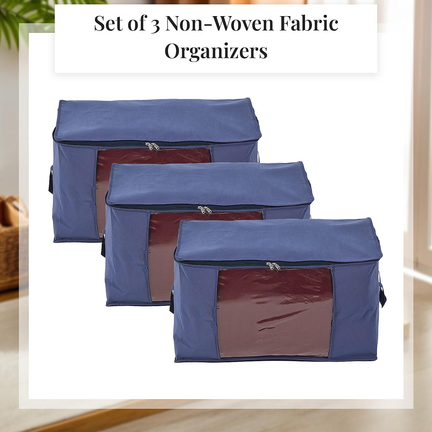 Set of 3 Collapsible Storage Bags with Transparent Window - Blue