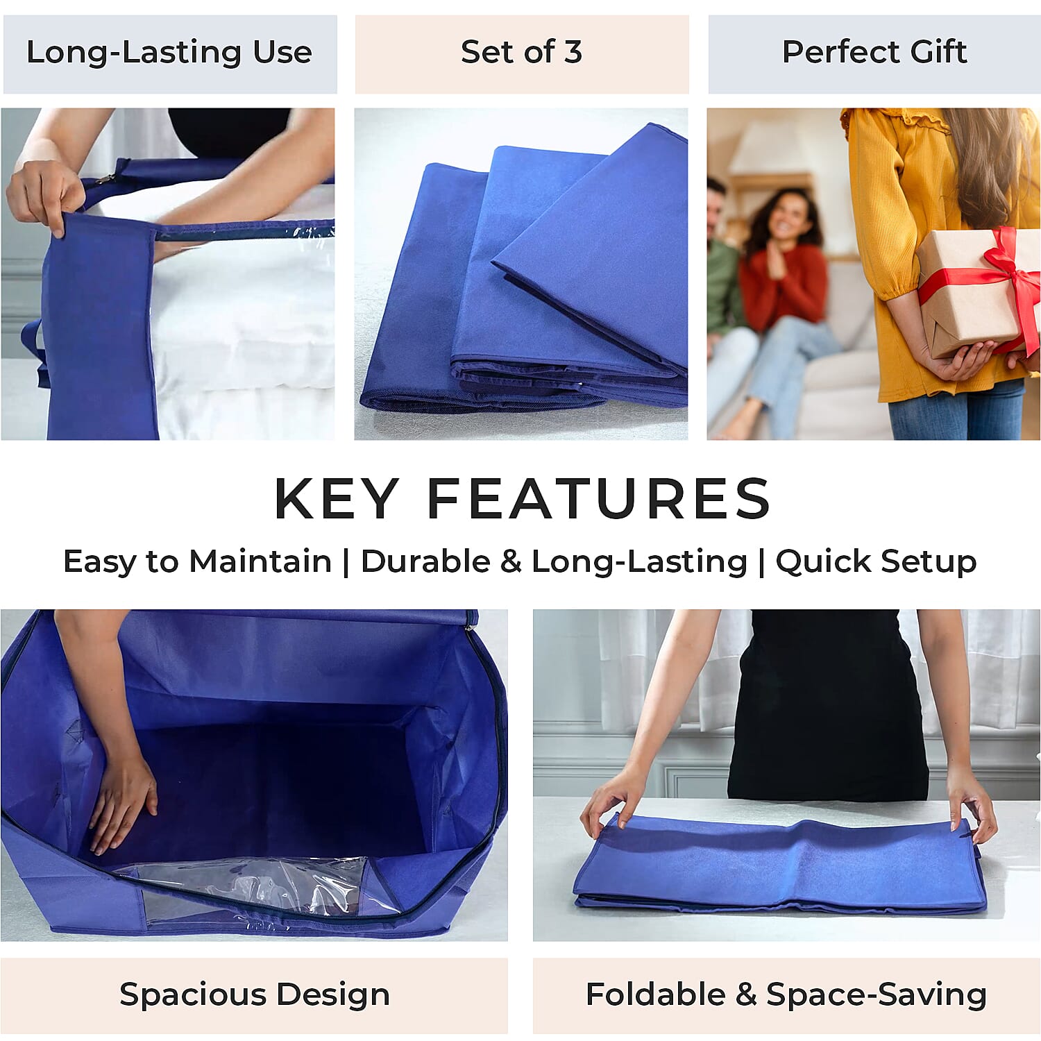 Set of 3 Collapsible Storage Bags with Transparent Window - Blue