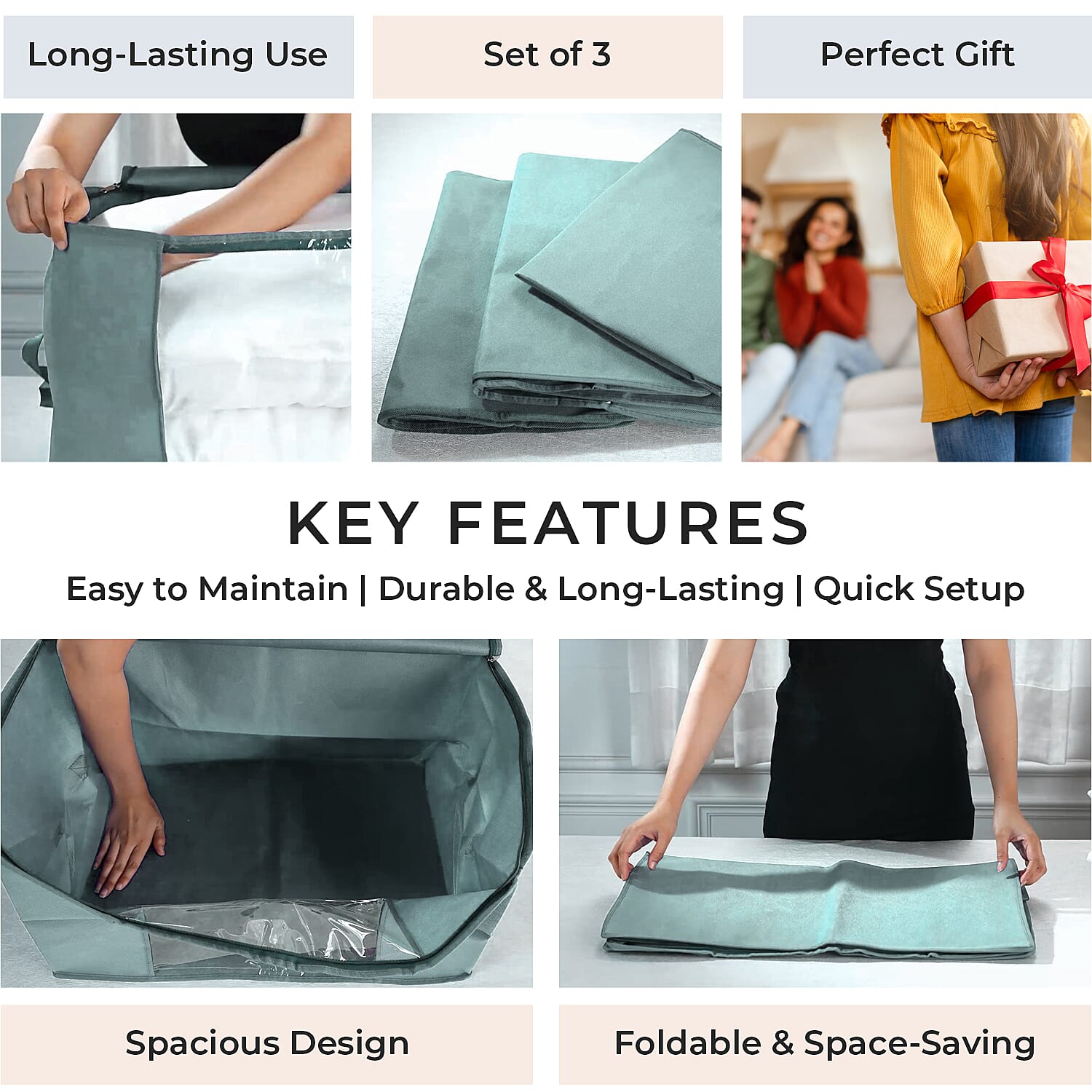 Set of 3 Collapsible Storage Bags With Transparent Window - Grey