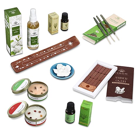 Wellness & Aroma Gift Set- Room Spray, Dual Aroma Oils, Ceramic Burner & Incense Stick and Holder
