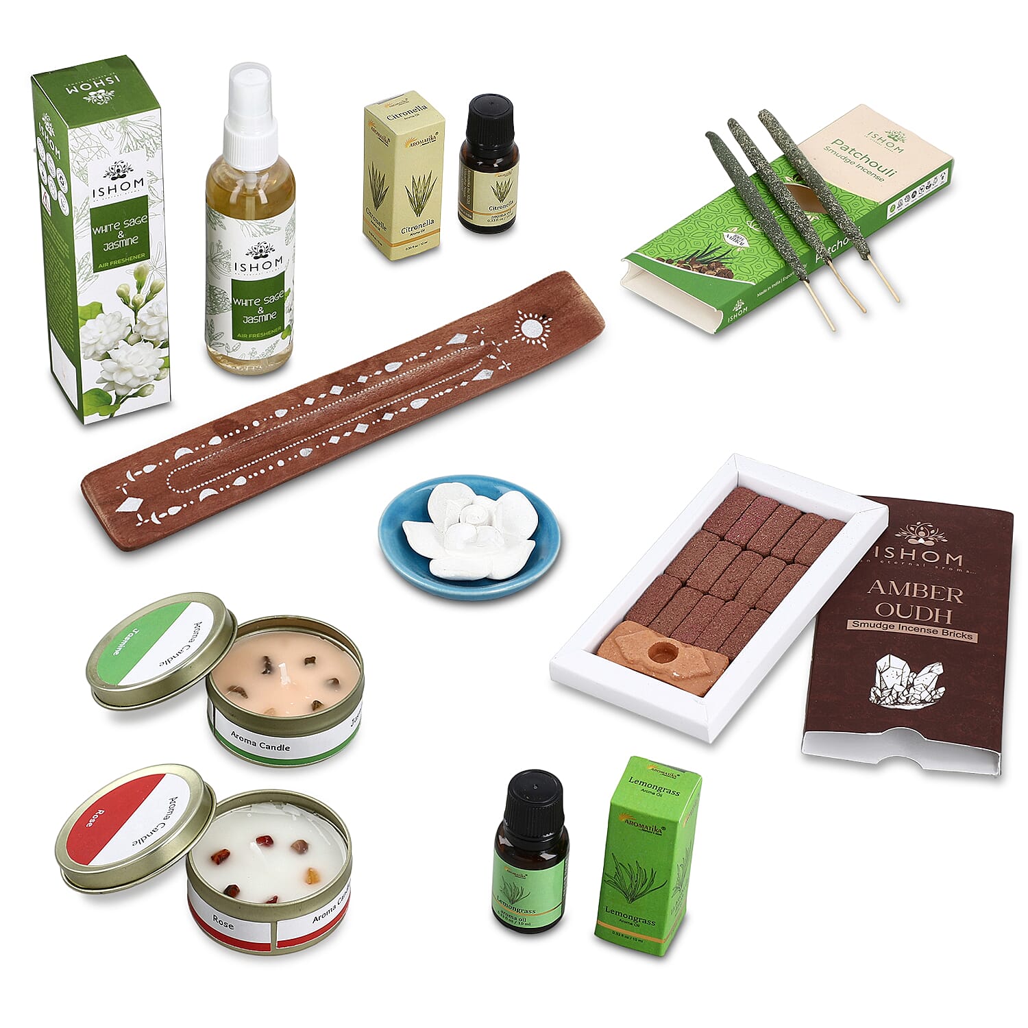 Wellness & Aroma Gift Set- Room Spray, Dual Aroma Oils, Ceramic Burner & Incense Stick and Holder