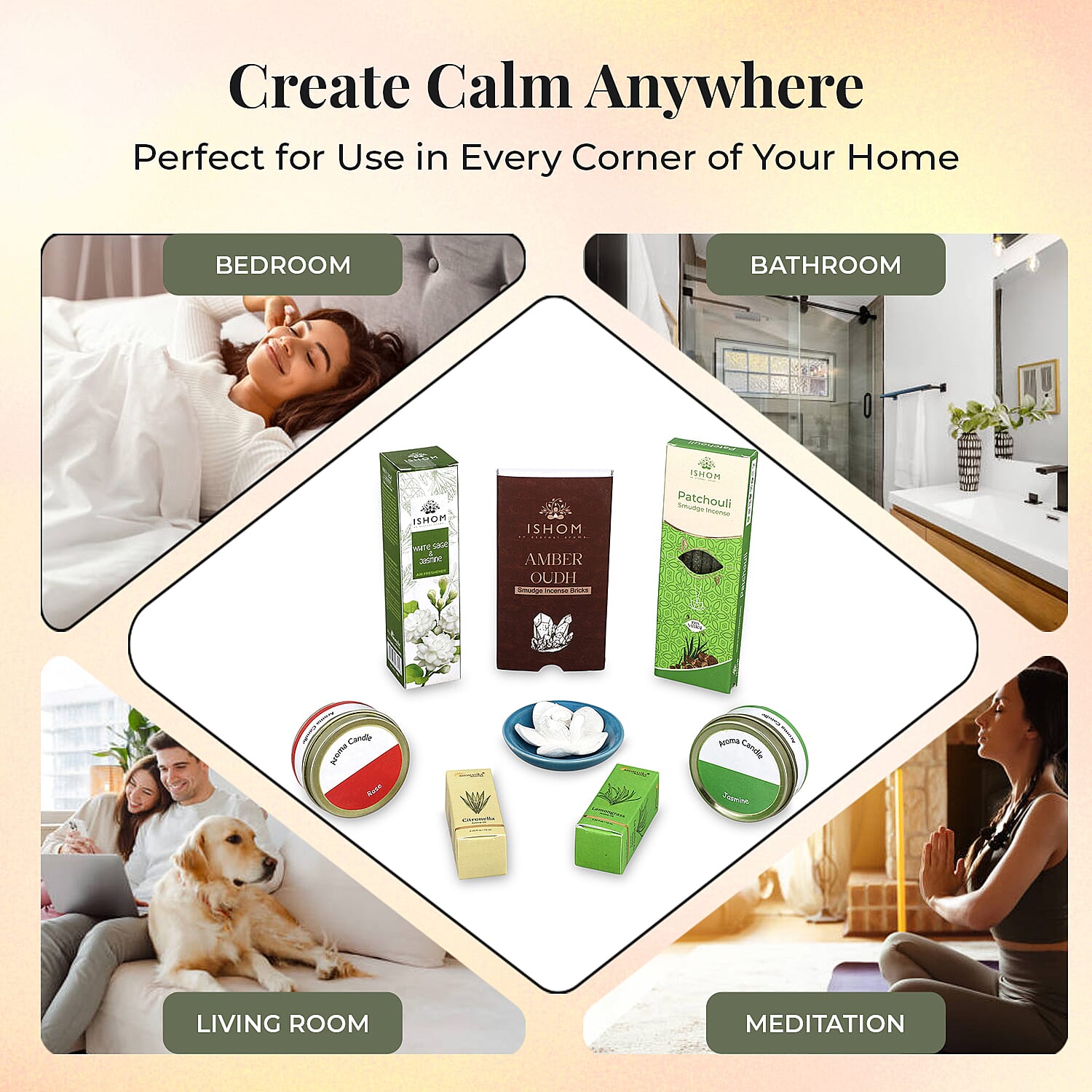 Wellness & Aroma Gift Set- Room Spray, Dual Aroma Oils, Ceramic Burner & Incense Stick and Holder