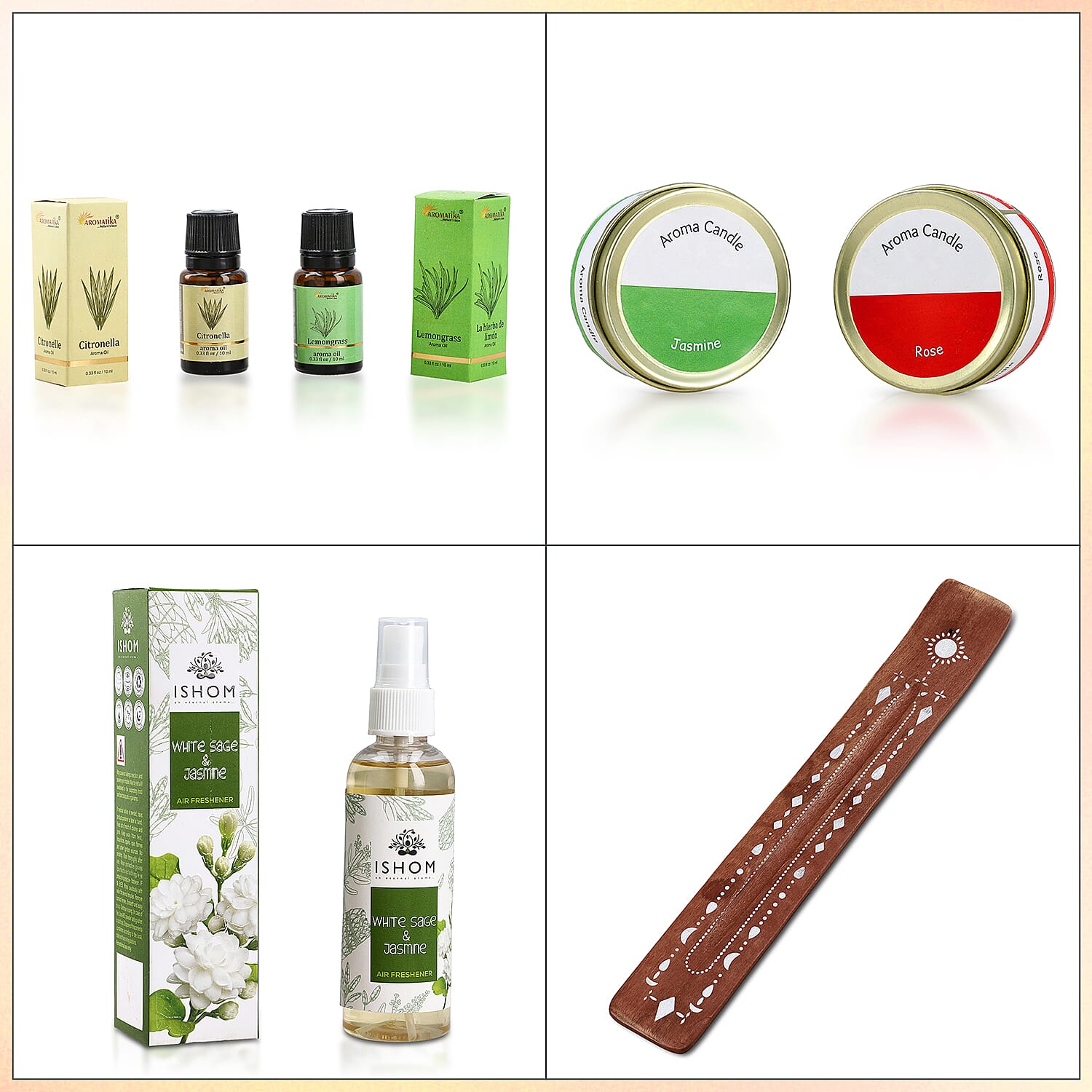 Wellness & Aroma Gift Set- Room Spray, Dual Aroma Oils, Ceramic Burner & Incense Stick and Holder