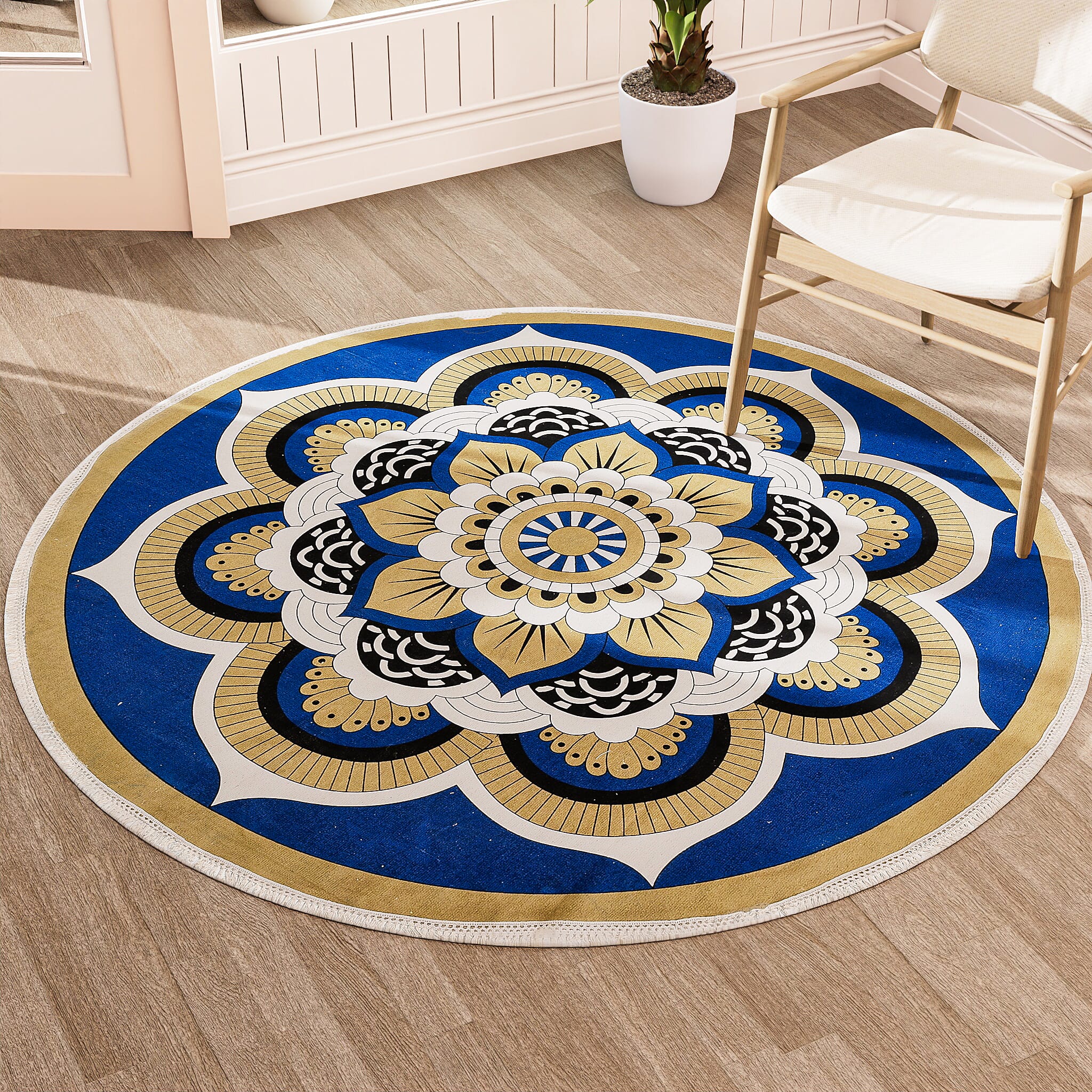 Multipurpose Retro Floral Pattern Round Rug (5ft Diameter) - Blue
