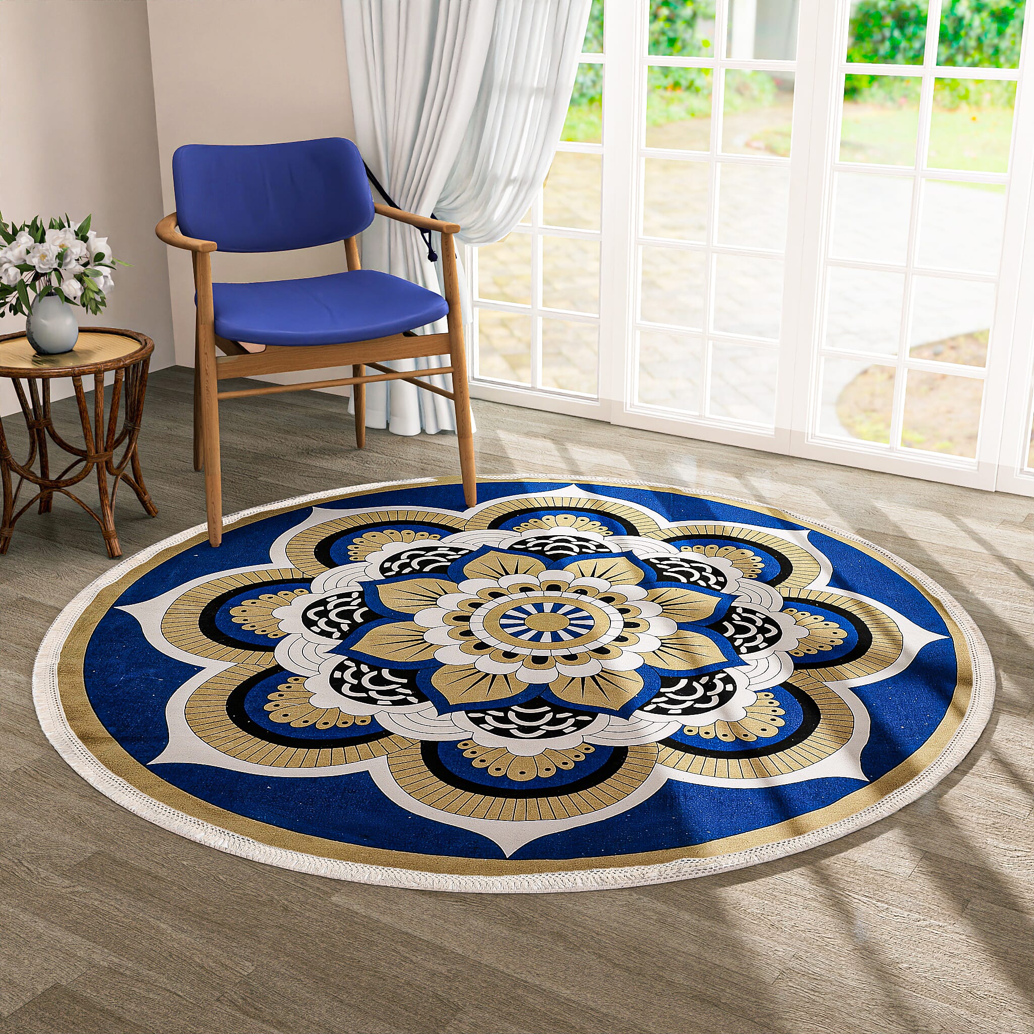 Multipurpose Retro Floral Pattern Round Rug (5ft Diameter) - Blue