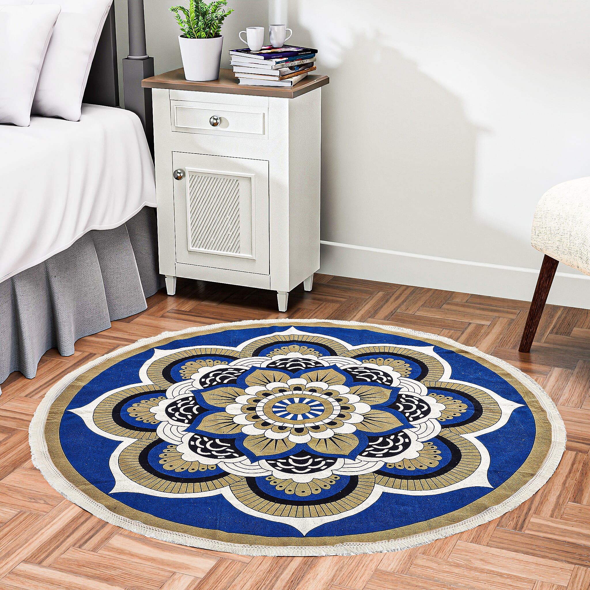 Multipurpose Retro Floral Pattern Round Rug (5ft Diameter) - Blue