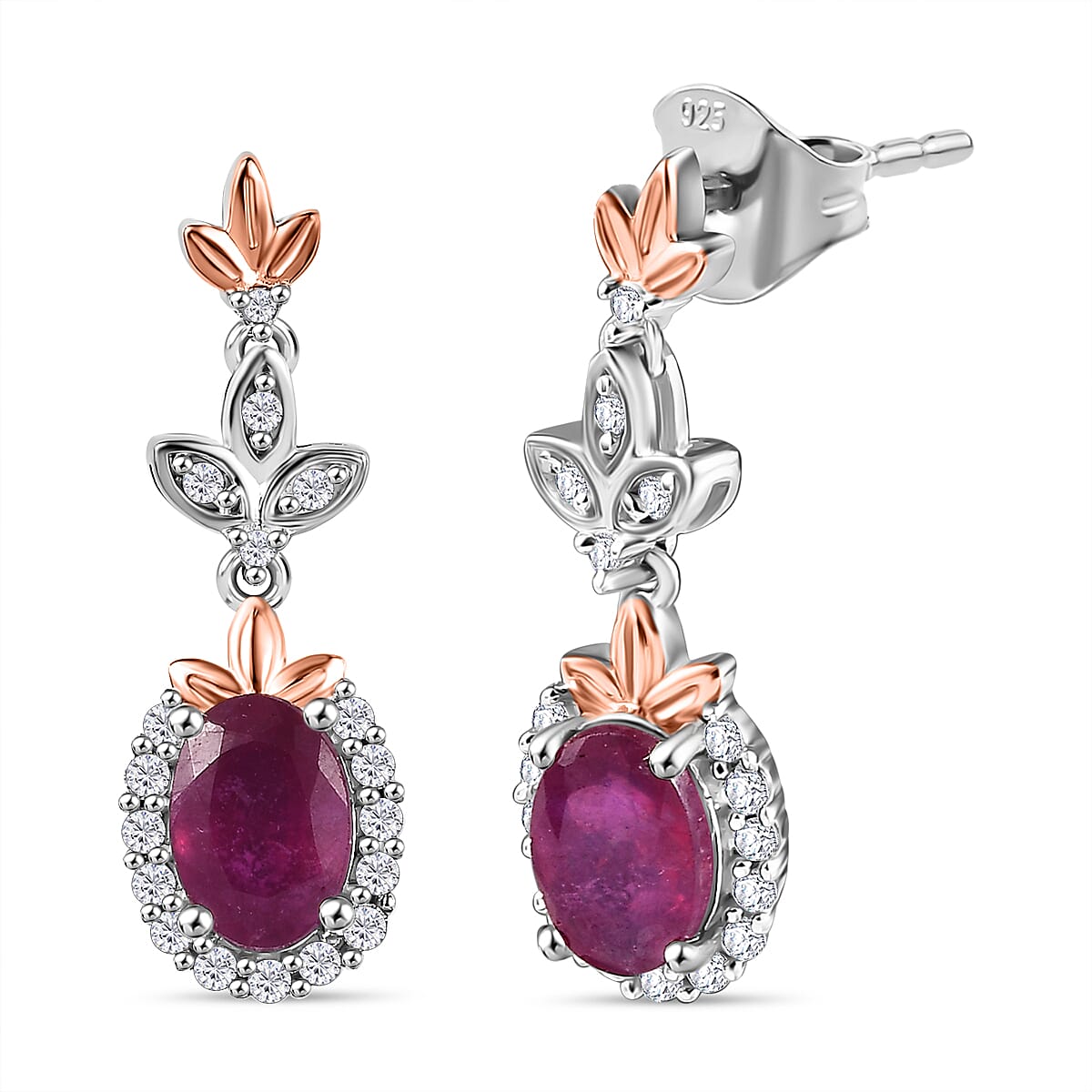 African Ruby & White Zircon Dangling Earring with Push Back in 18K Vermeil Rose Gold Plated & Rhodium Overlay Sterling Silver 2.82 Ct.