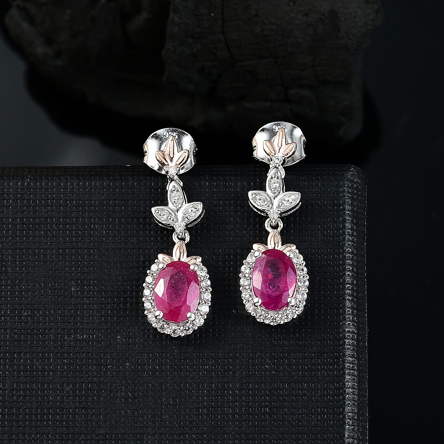 African Ruby & White Zircon Dangling Earring with Push Back in 18K Vermeil Rose Gold Plated & Rhodium Overlay Sterling Silver 2.82 Ct.