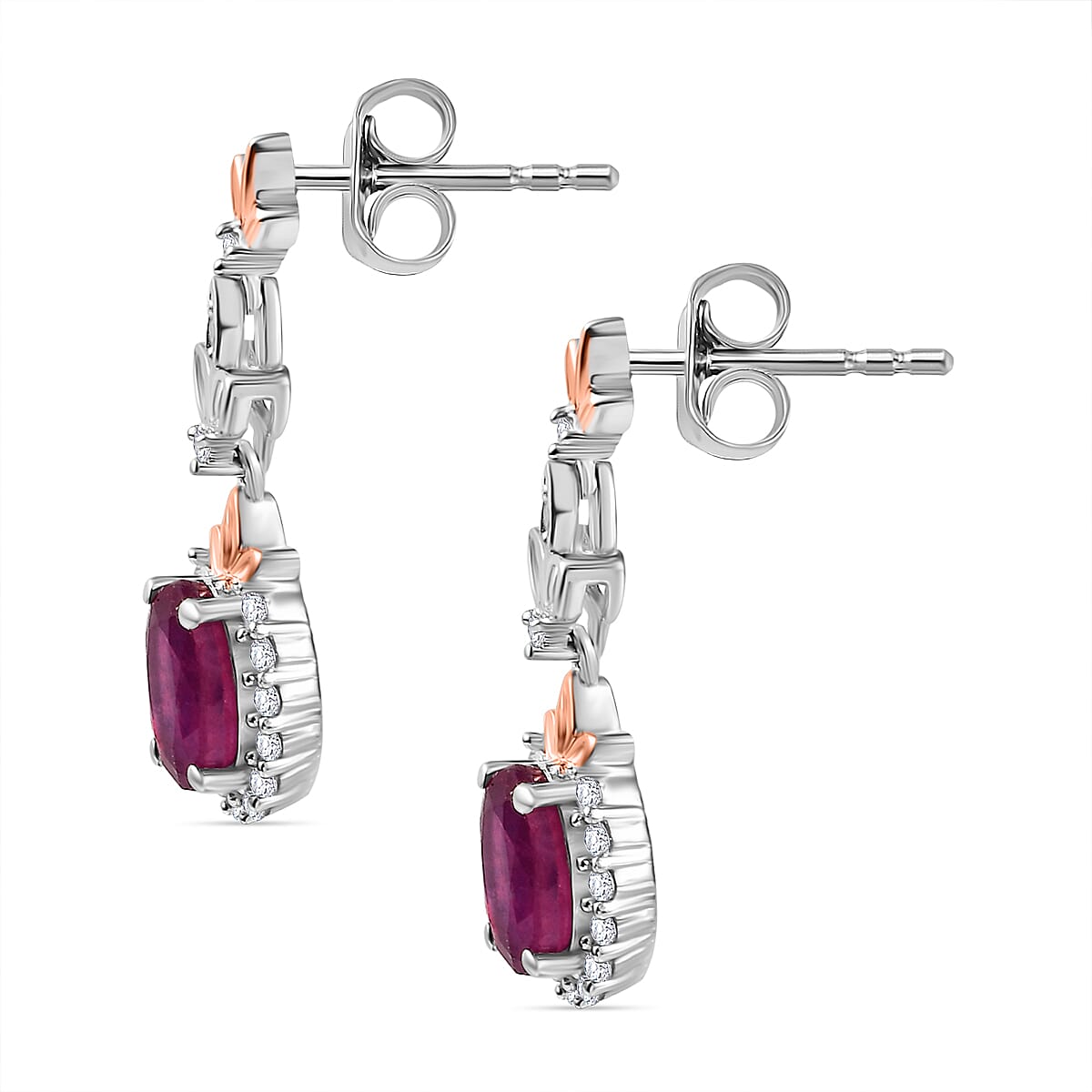 African Ruby & White Zircon Dangling Earring with Push Back in 18K Vermeil Rose Gold Plated & Rhodium Overlay Sterling Silver 2.82 Ct.