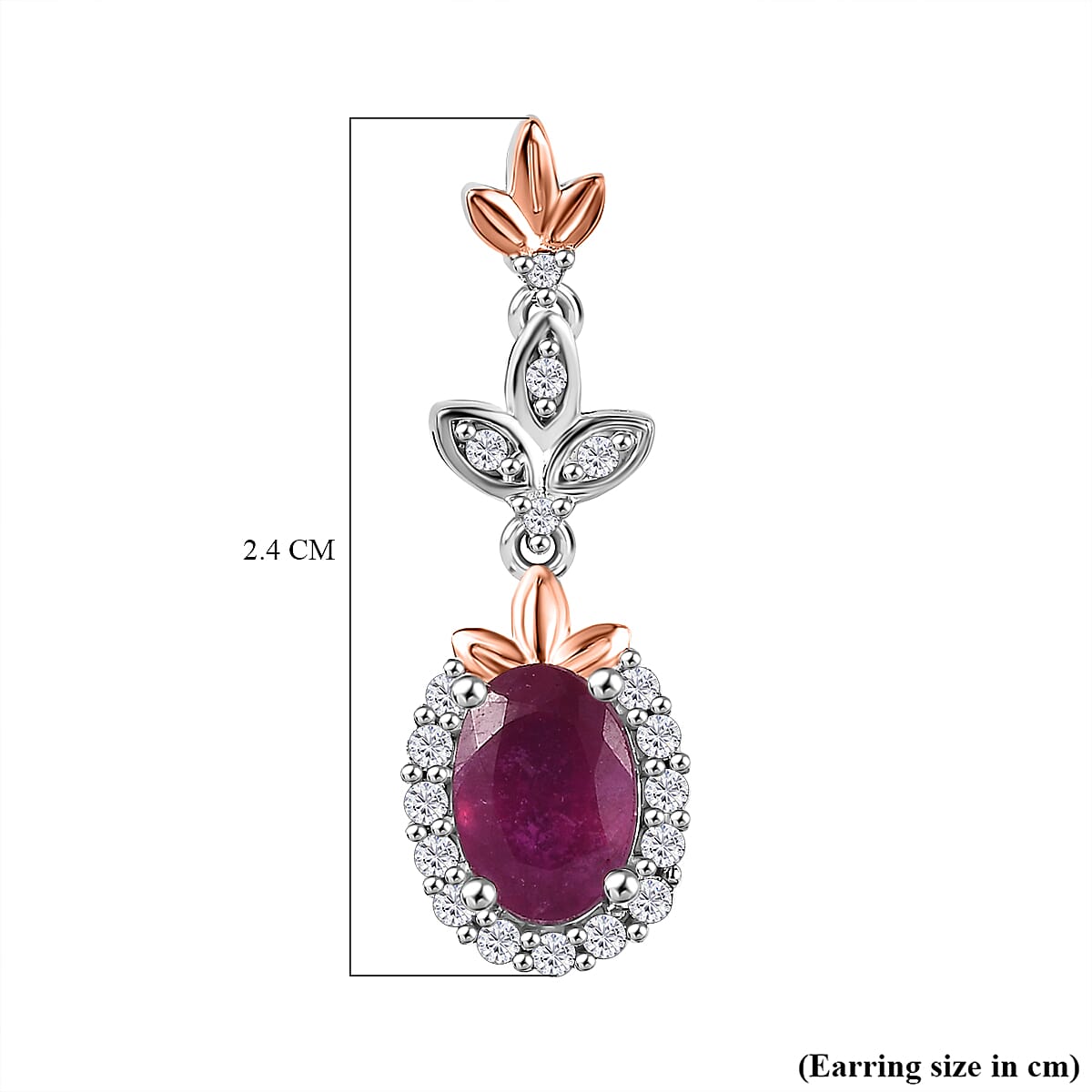 African Ruby & White Zircon Dangling Earring with Push Back in 18K Vermeil Rose Gold Plated & Rhodium Overlay Sterling Silver 2.82 Ct.