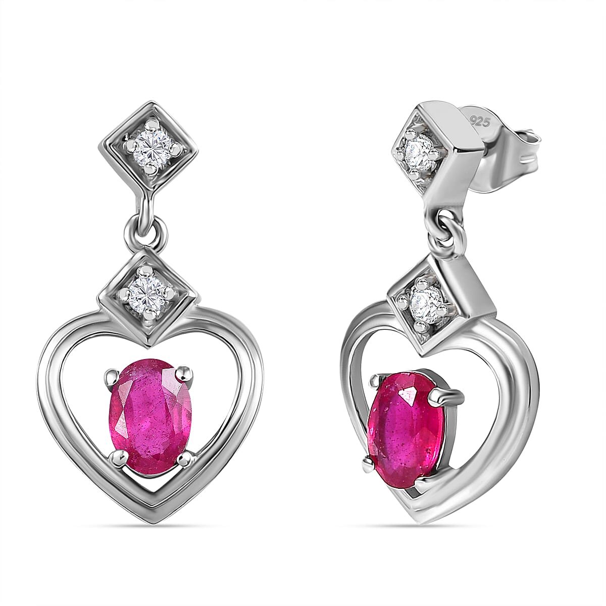 African Ruby & White Zircon Solitaire Stud Push Back Earrings in Rhodium Overlay Sterling Silver 1.48 Ct.