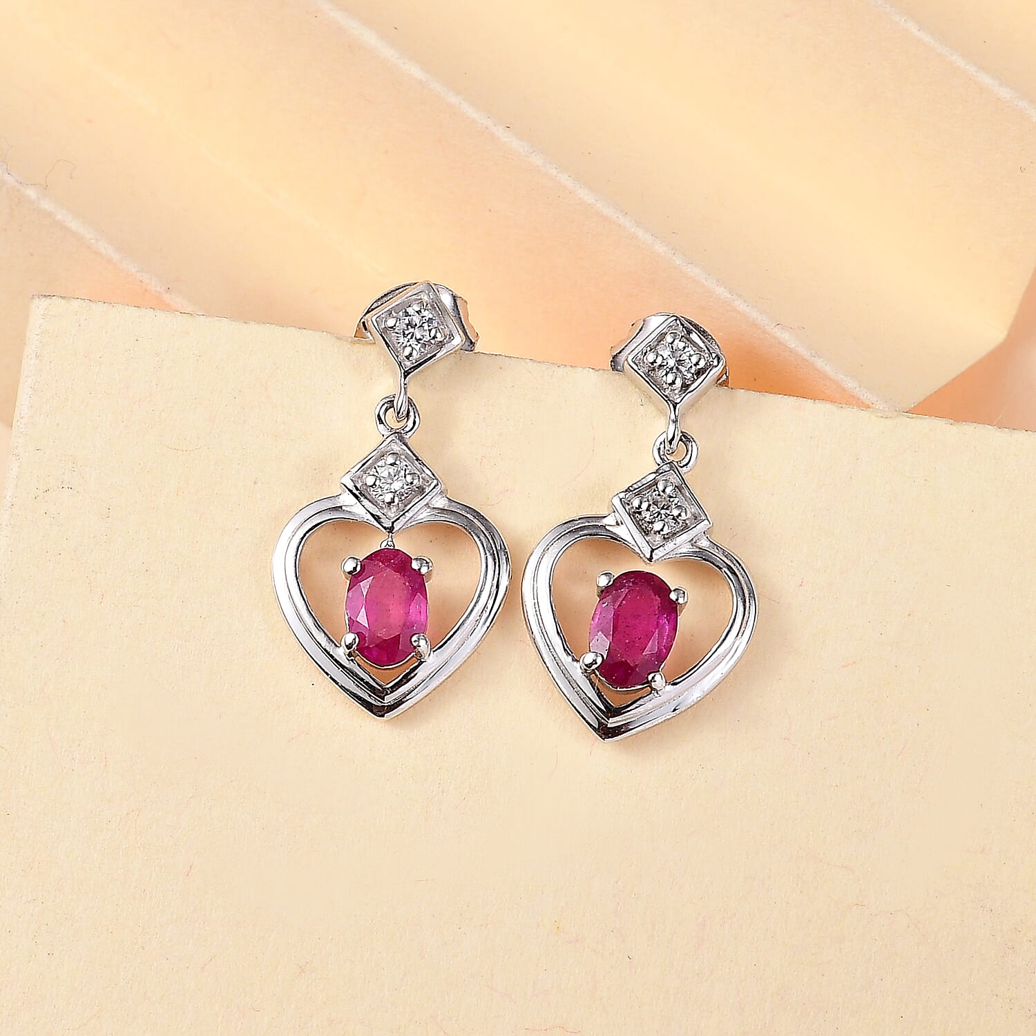 African Ruby & White Zircon Solitaire Stud Push Back Earrings in Rhodium Overlay Sterling Silver 1.48 Ct.