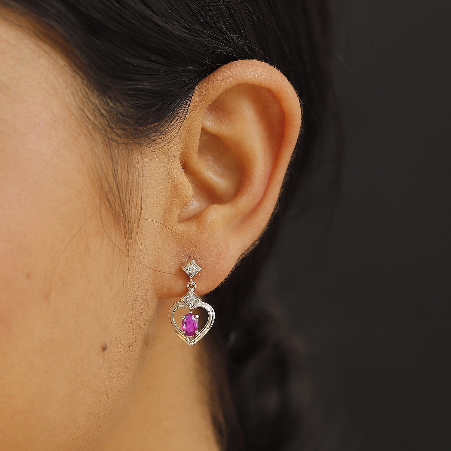 African Ruby & White Zircon Solitaire Stud Push Back Earrings in Rhodium Overlay Sterling Silver 1.48 Ct.