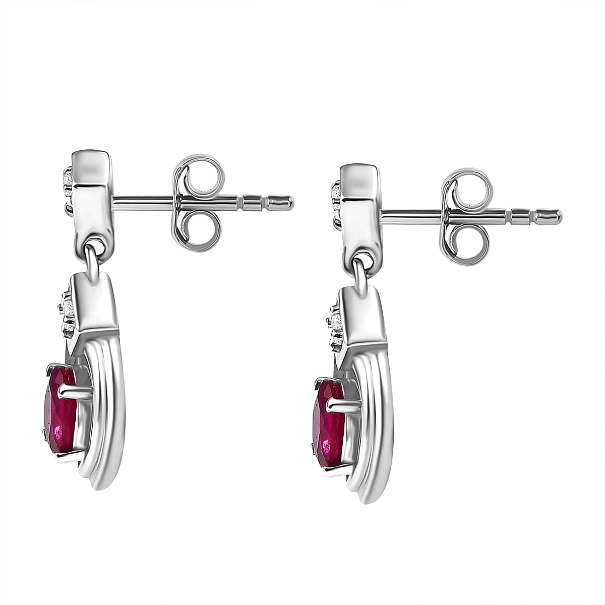 African Ruby & White Zircon Solitaire Stud Push Back Earrings in Rhodium Overlay Sterling Silver 1.48 Ct.