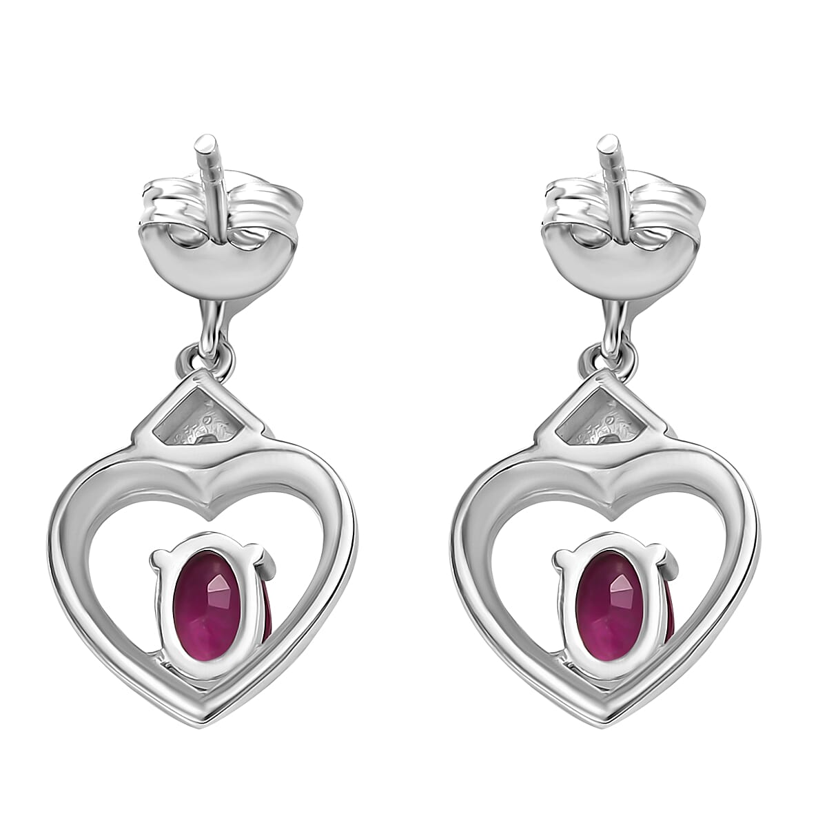 African Ruby & White Zircon Solitaire Stud Push Back Earrings in Rhodium Overlay Sterling Silver 1.48 Ct.