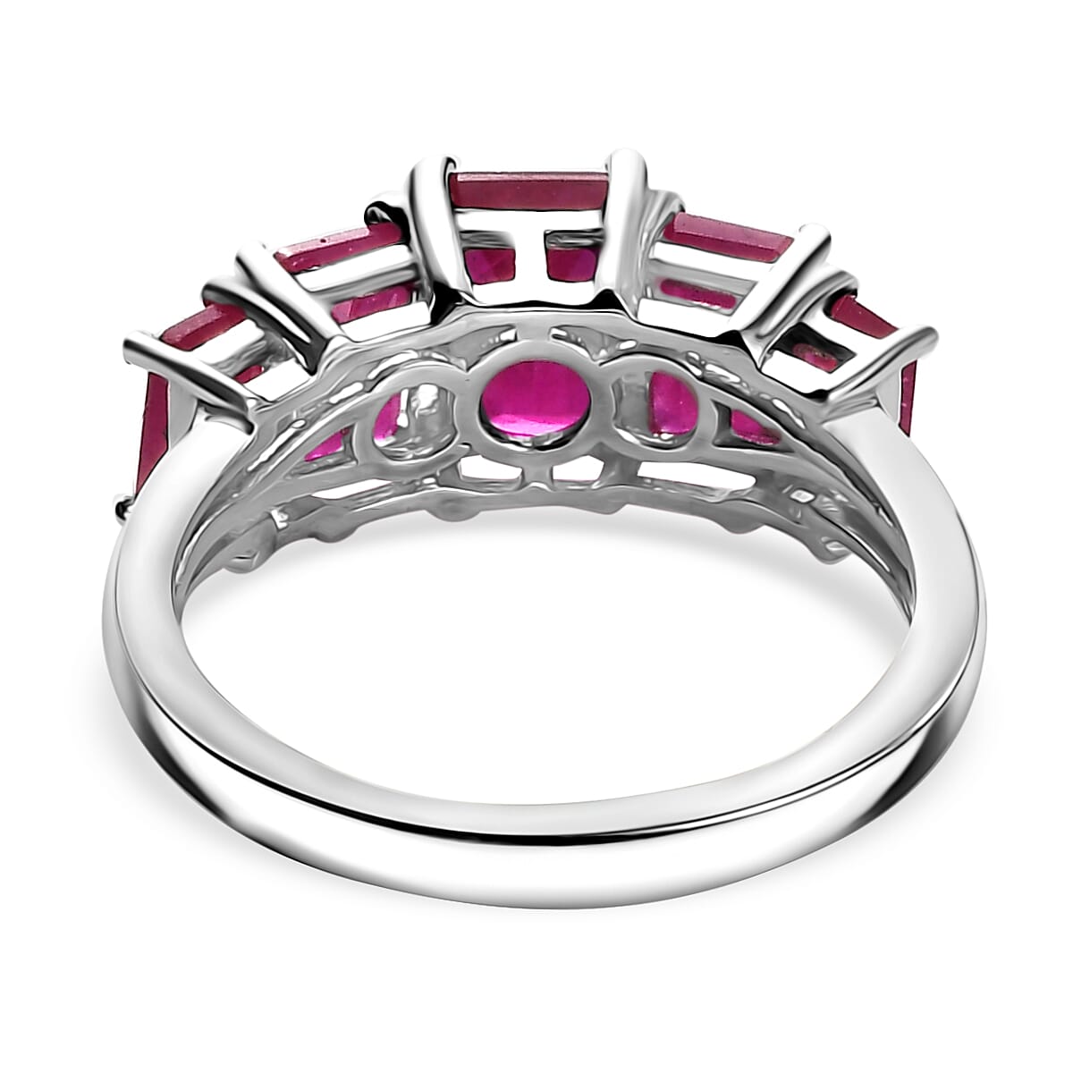 African Ruby 5 Stone Ring in Rhodium Overlay Sterling Silver 4.28 Ct.