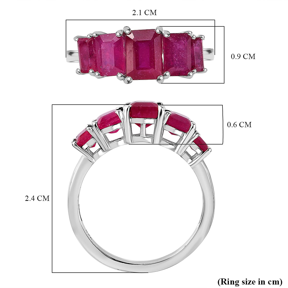 African Ruby 5 Stone Ring in Rhodium Overlay Sterling Silver 4.28 Ct.