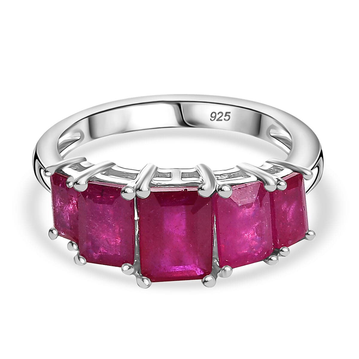 African Ruby 5 Stone Ring in Rhodium Overlay Sterling Silver 4.28 Ct.