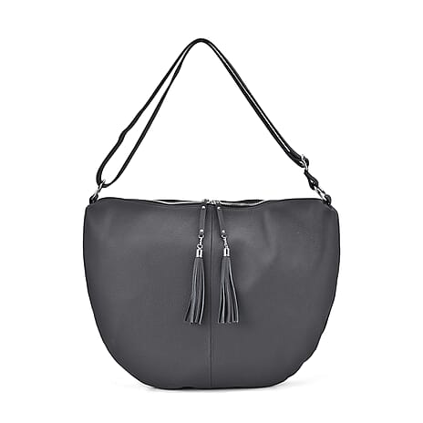 Hong Kong Closeout - Solid 100% Genuine Leather Crossbody Bag with Tassle Chain - Black
