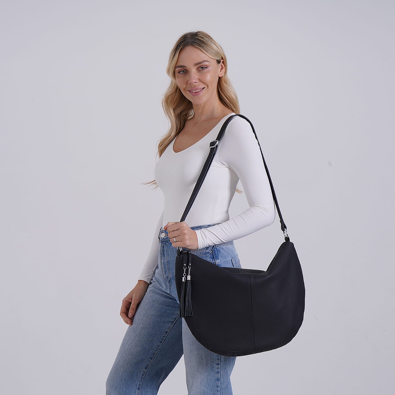 Hong Kong Closeout - Solid 100% Genuine Leather Crossbody Bag with Tassle Chain - Black