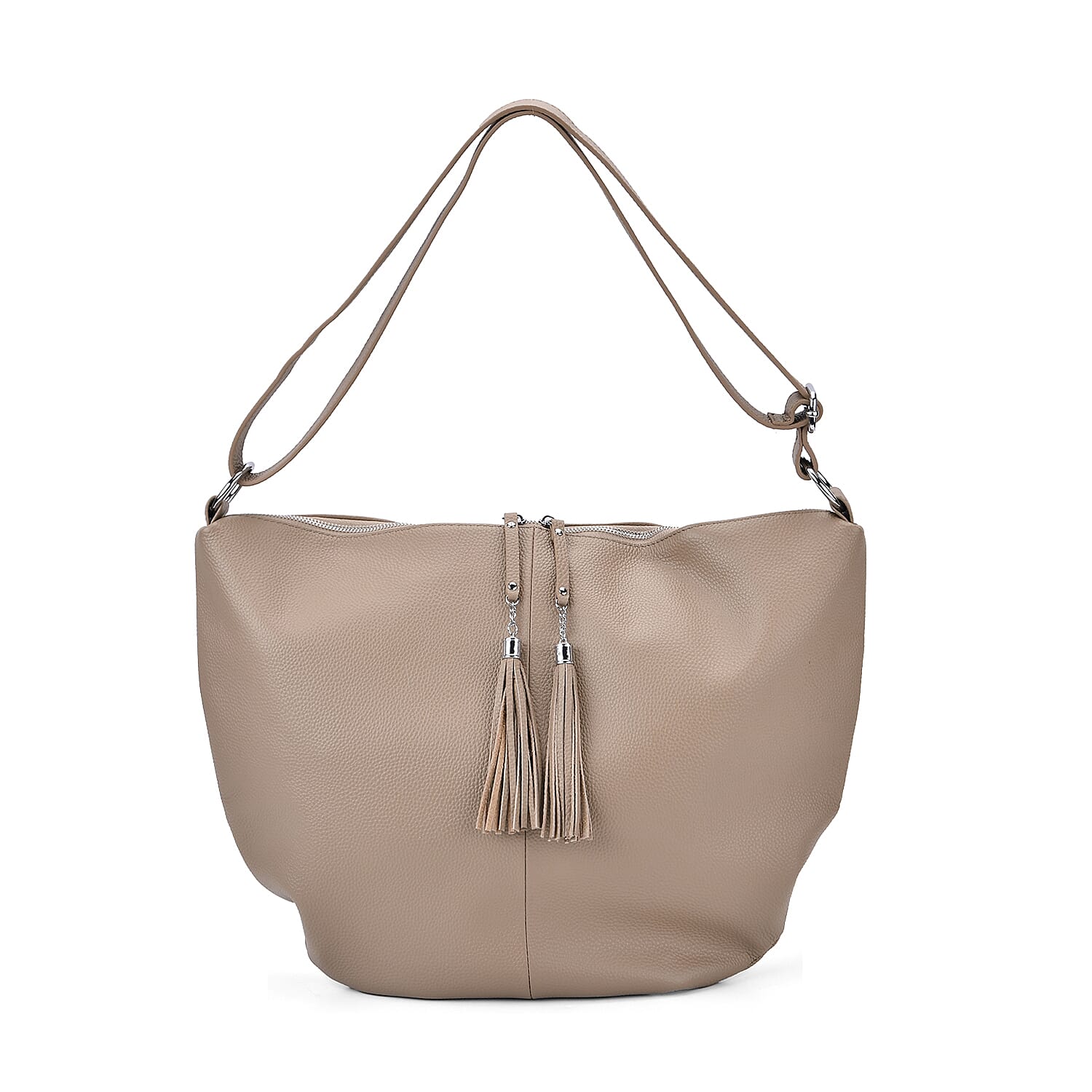 Hong Kong Closeout - Solid 100% Genuine Leather Crossbody Bag with Tassle Chain - Khaki
