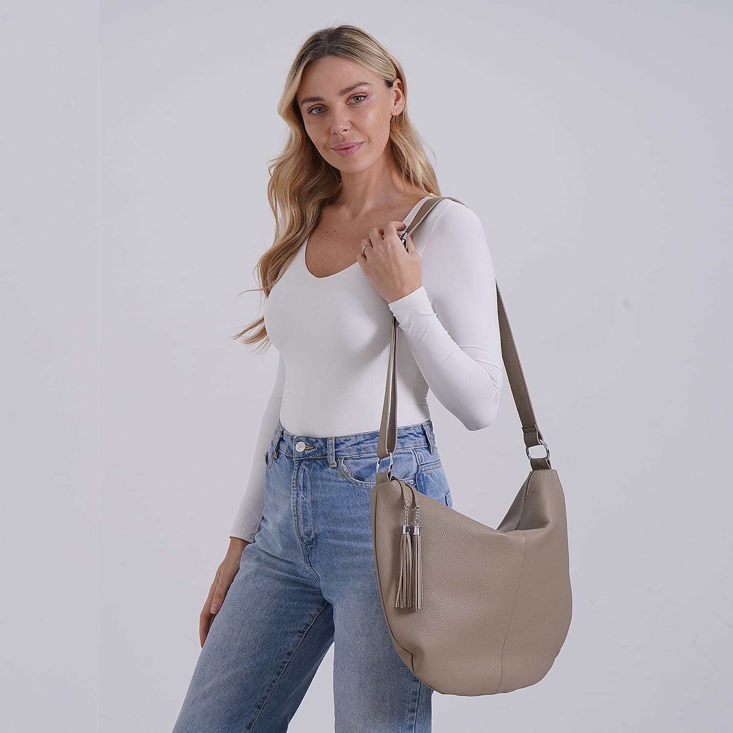 Hong Kong Closeout - Solid 100% Genuine Leather Crossbody Bag with Tassle Chain - Khaki