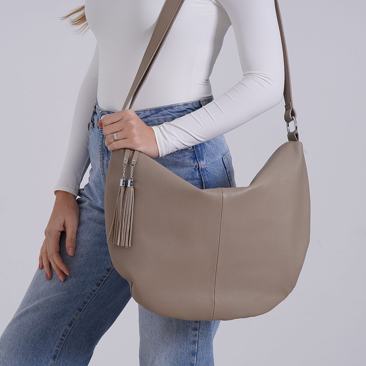 Hong Kong Closeout - Solid 100% Genuine Leather Crossbody Bag with Tassle Chain - Khaki