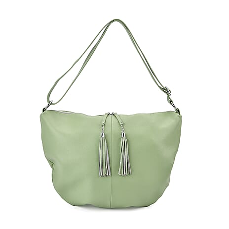 Hong Kong Closeout - Solid 100% Genuine Leather Crossbody Bag with Tassle Chain - Green