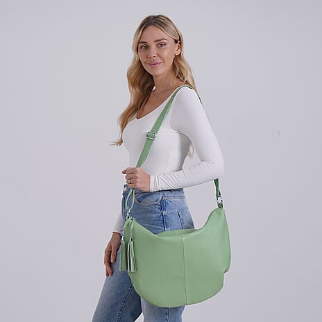 Hong Kong Closeout - Solid 100% Genuine Leather Crossbody Bag with Tassle Chain - Green