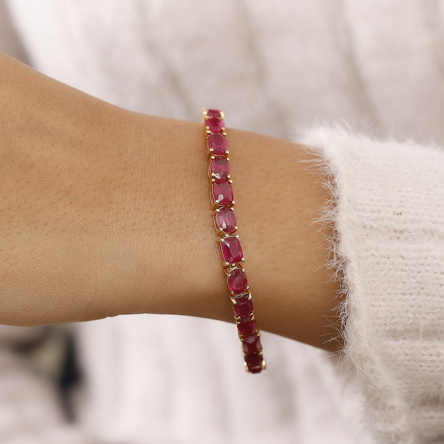 AAA African Ruby Bracelet (Size - 7.5) in 18K Vermeil Yellow Gold Plated Sterling Silver 29.40 Ct, Silver Wt. 12 Gms.